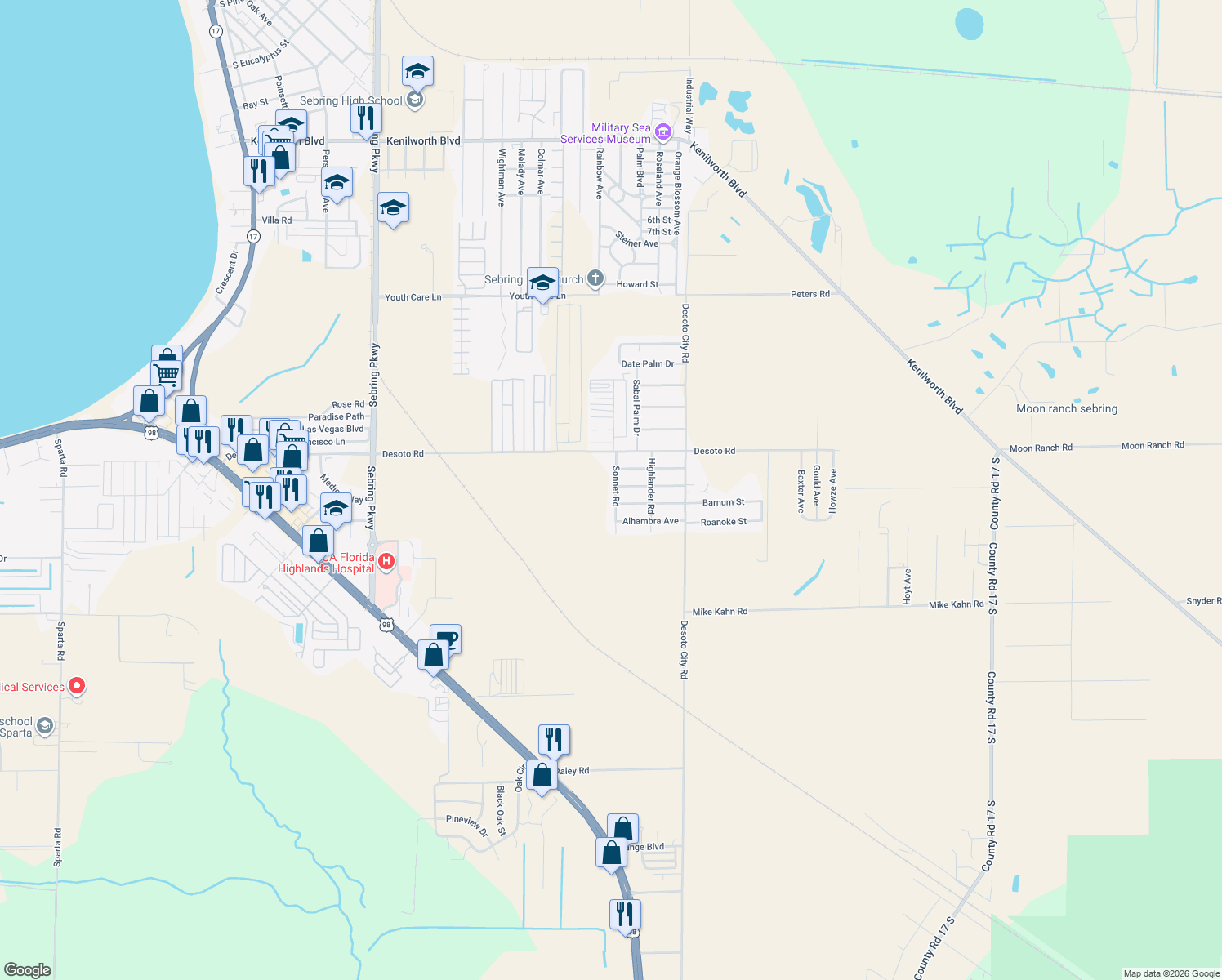 map of restaurants, bars, coffee shops, grocery stores, and more near 3307 Sonnet Road in Sebring