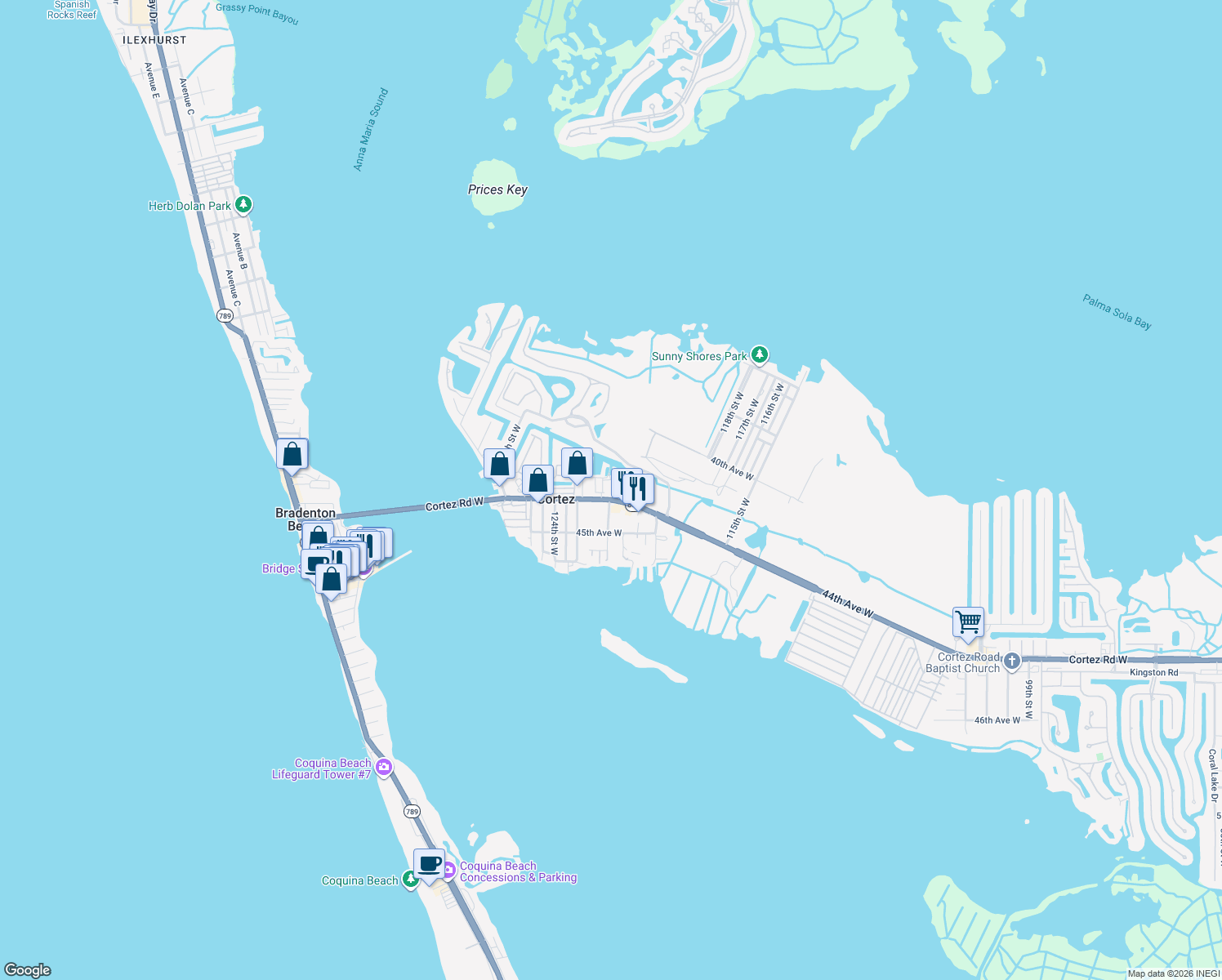 map of restaurants, bars, coffee shops, grocery stores, and more near 12100 Cortez Road West in Cortez