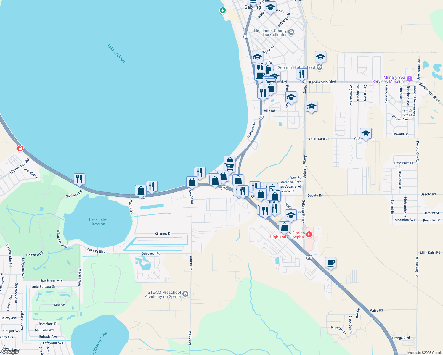 map of restaurants, bars, coffee shops, grocery stores, and more near 2119 SE Lakeview Dr in Sebring
