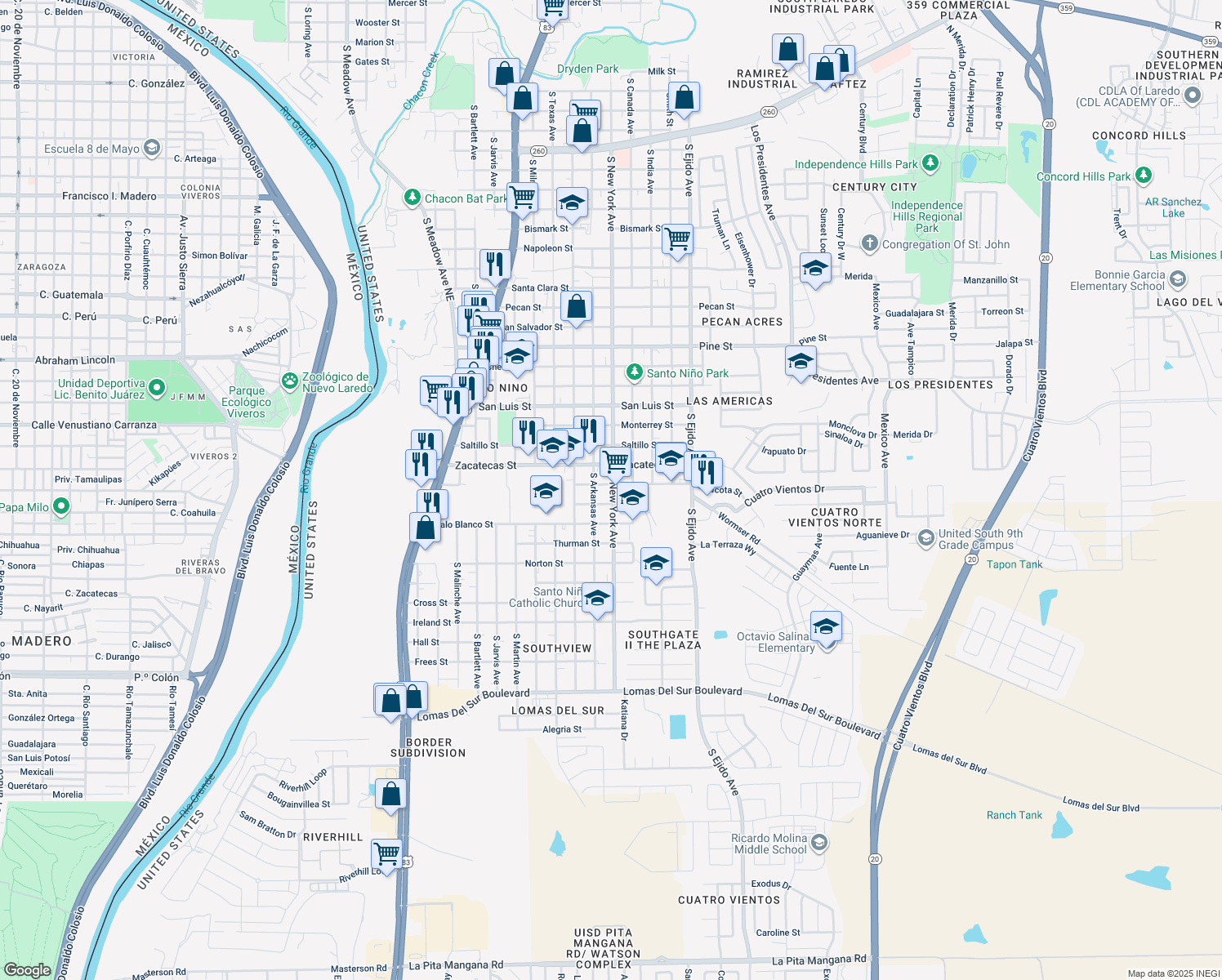 map of restaurants, bars, coffee shops, grocery stores, and more near 2819 Chacota Street in Laredo