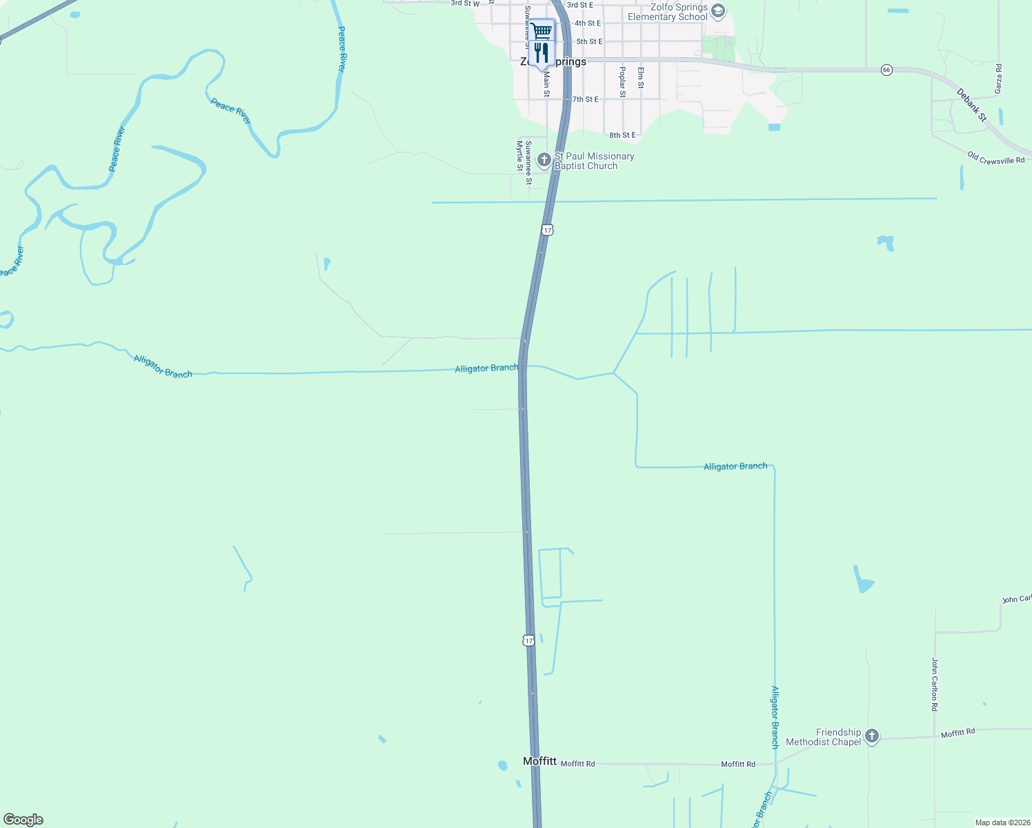 map of restaurants, bars, coffee shops, grocery stores, and more near 107 College Lane in Zolfo Springs