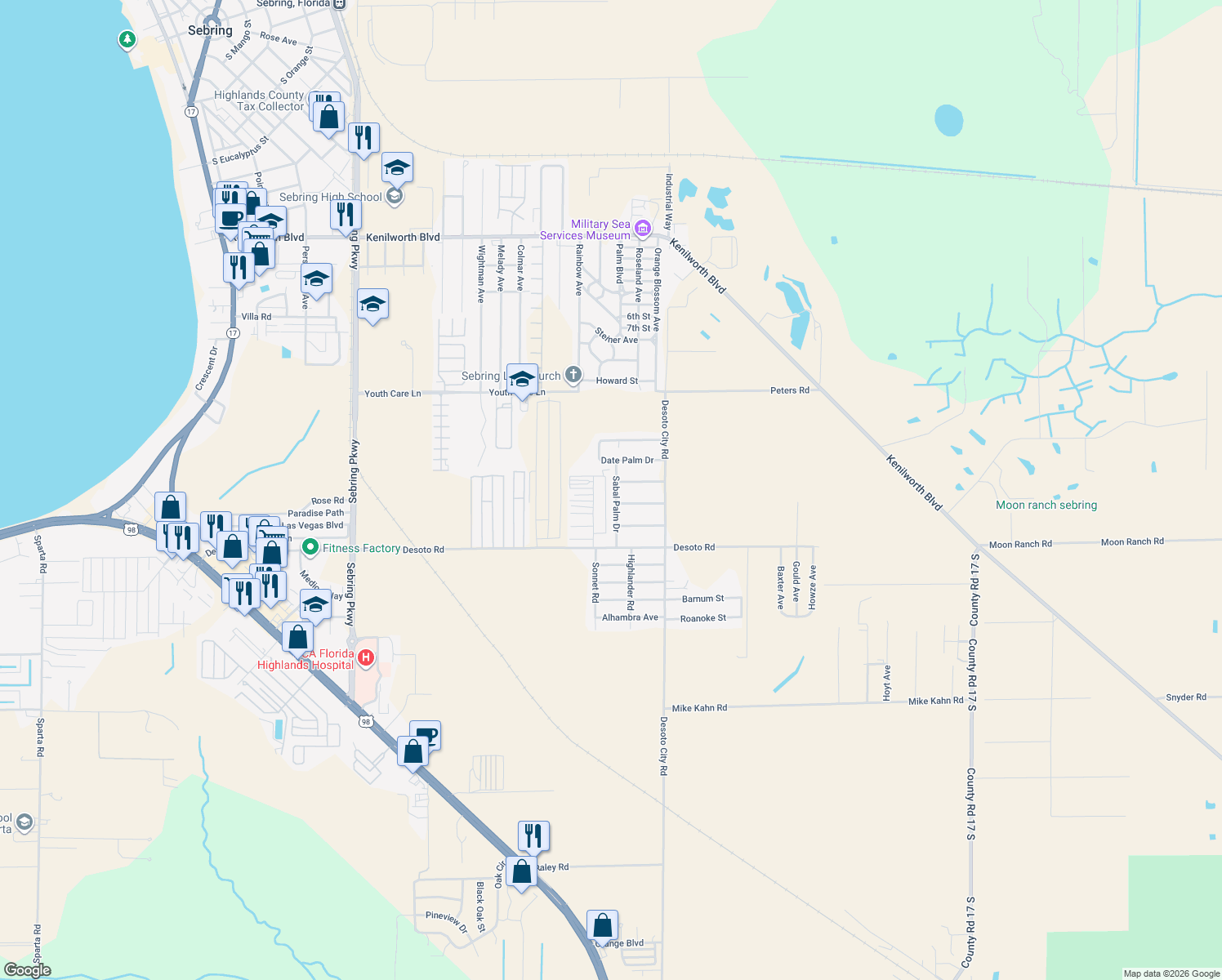 map of restaurants, bars, coffee shops, grocery stores, and more near 2811 Sabal Palm Drive in Sebring