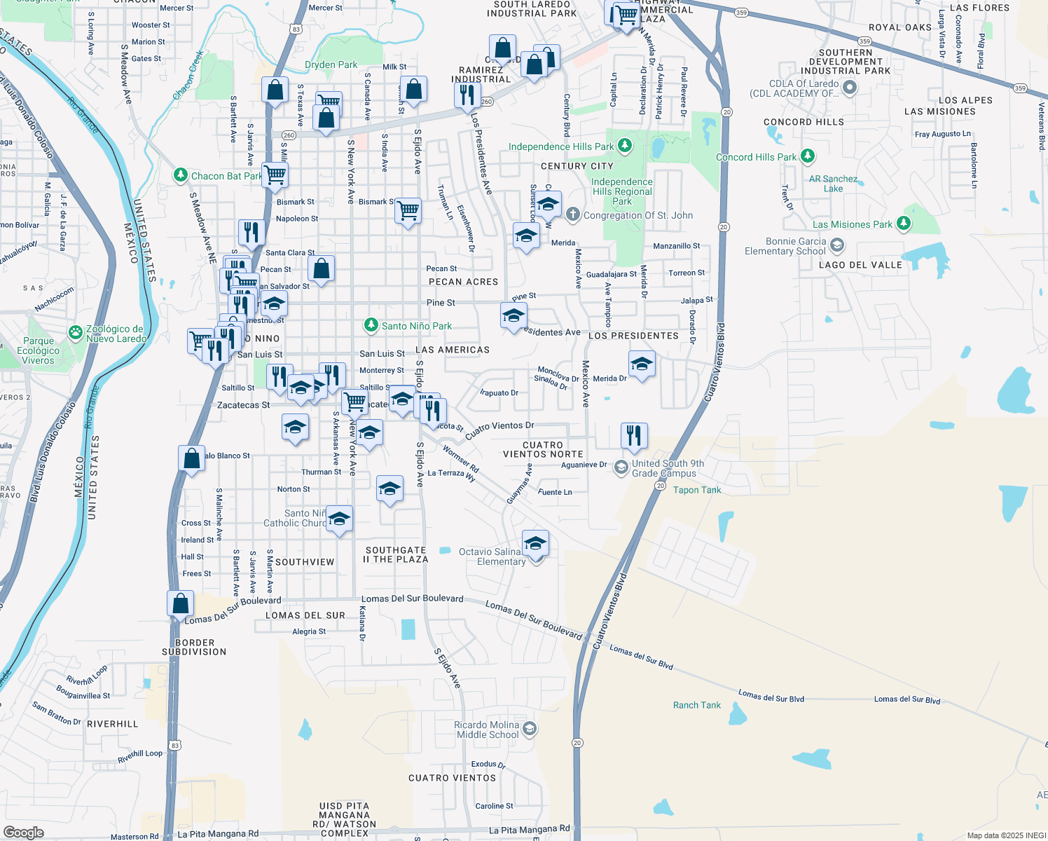 map of restaurants, bars, coffee shops, grocery stores, and more near 3522 Cuatro Vientos Dr in Laredo