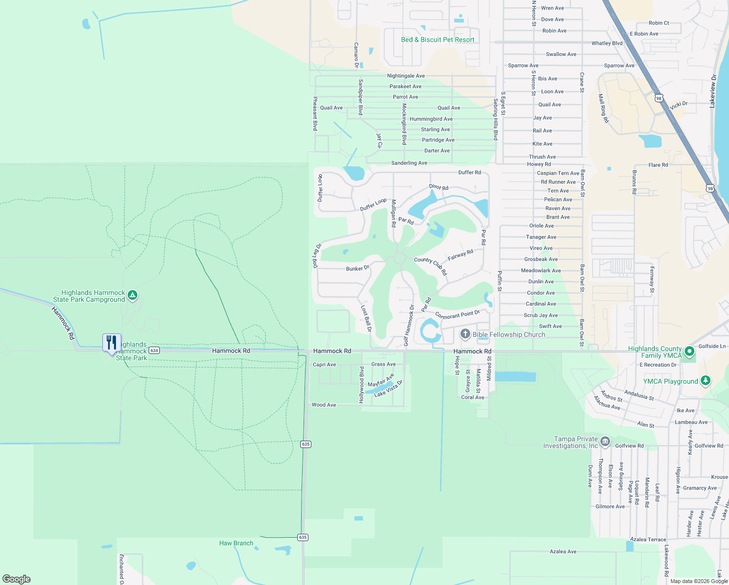 map of restaurants, bars, coffee shops, grocery stores, and more near 2506 Lost Ball Drive in Sebring