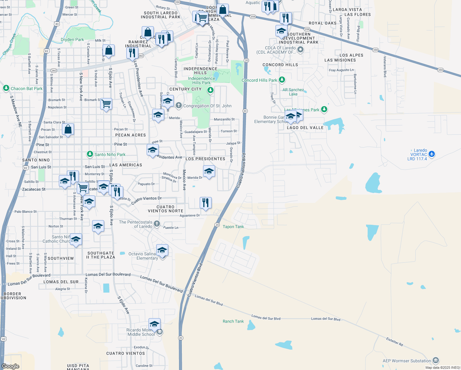 map of restaurants, bars, coffee shops, grocery stores, and more near 2313 Dorado Drive in Laredo