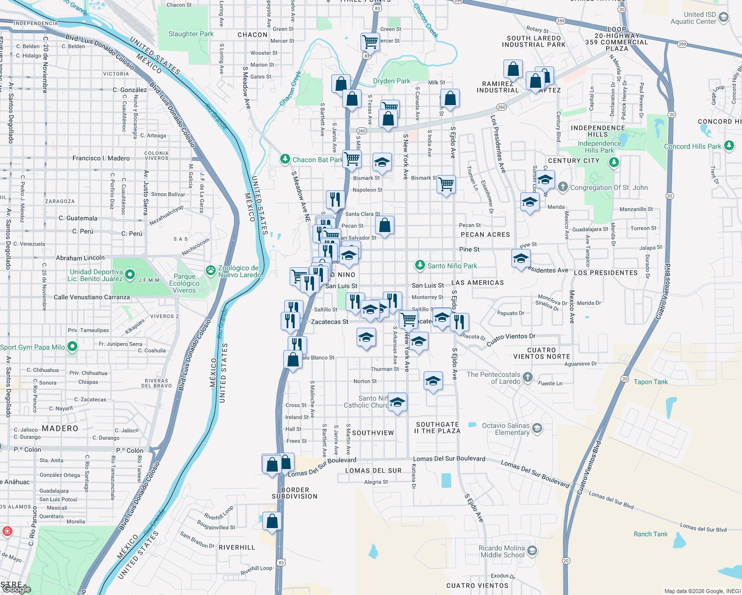 map of restaurants, bars, coffee shops, grocery stores, and more near 2299 South Texas Avenue in Laredo