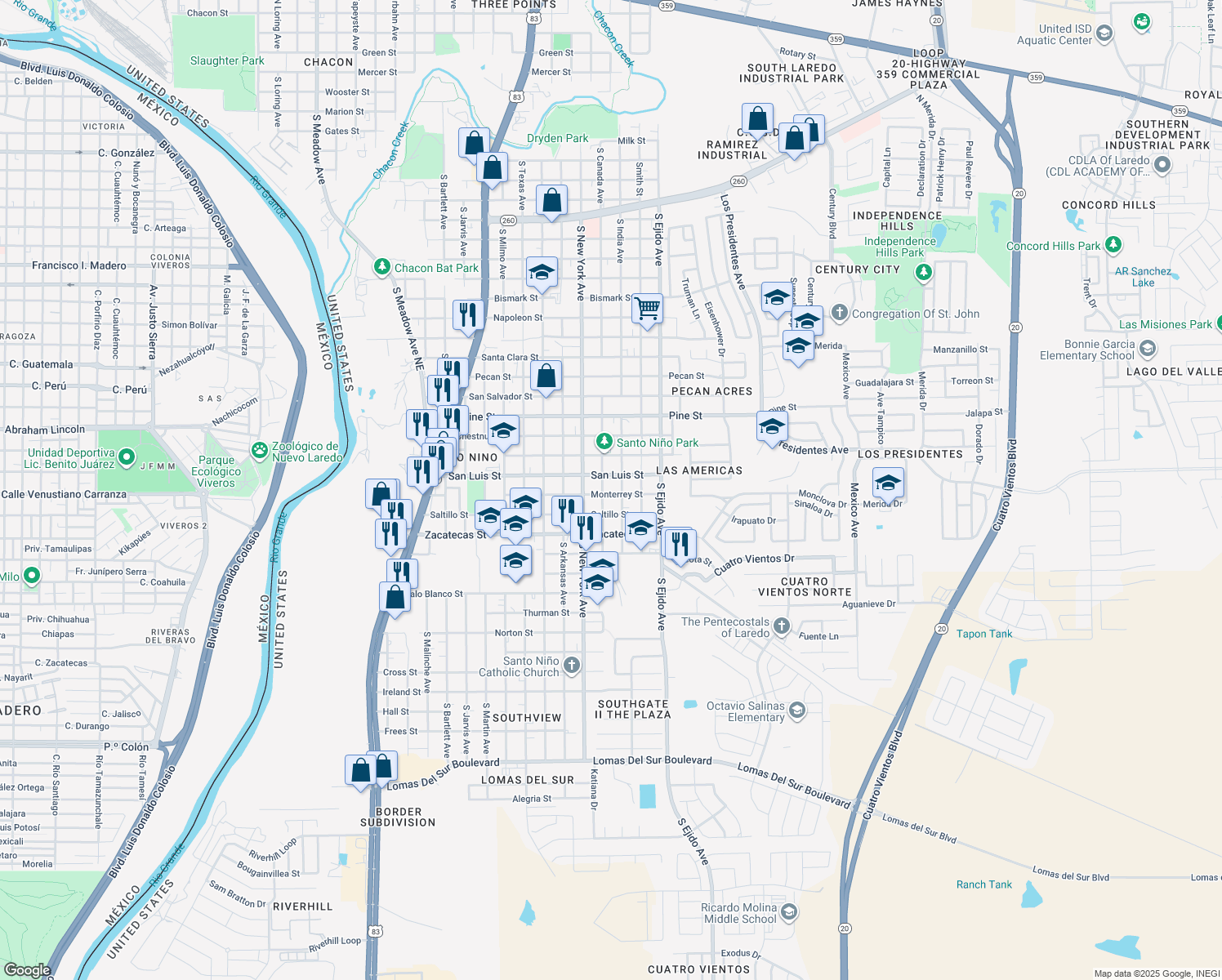map of restaurants, bars, coffee shops, grocery stores, and more near 3006 Monterrey Street in Laredo