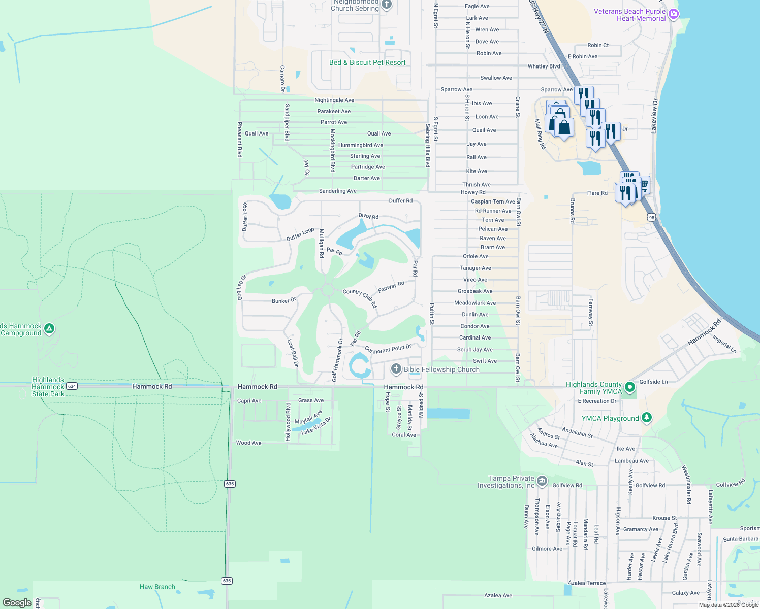 map of restaurants, bars, coffee shops, grocery stores, and more near 2500 Country Club Rd in Sebring