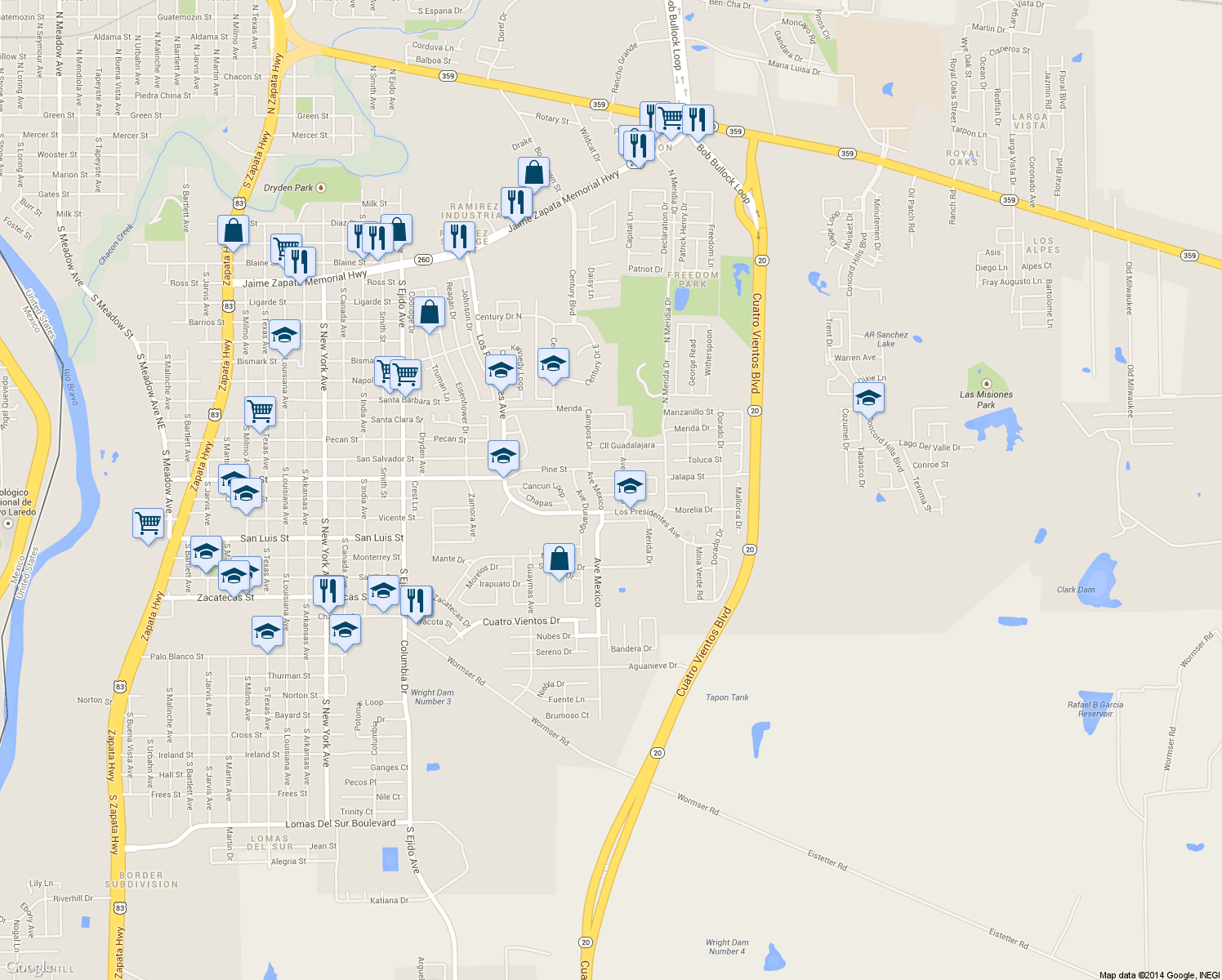 map of restaurants, bars, coffee shops, grocery stores, and more near 3908 Calle Tuxpan in Laredo