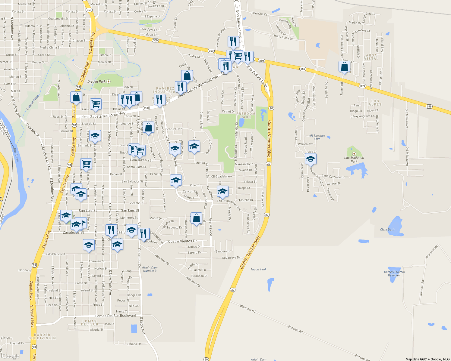 map of restaurants, bars, coffee shops, grocery stores, and more near 4008 Calle Puebla in Laredo