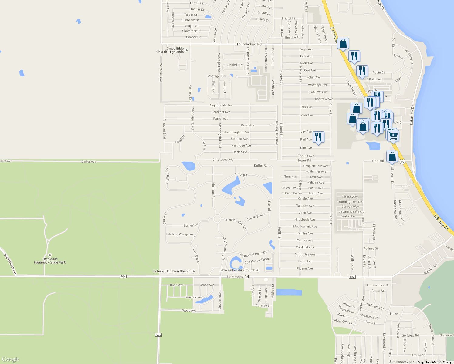 map of restaurants, bars, coffee shops, grocery stores, and more near 3810 Divot Rd in Sebring