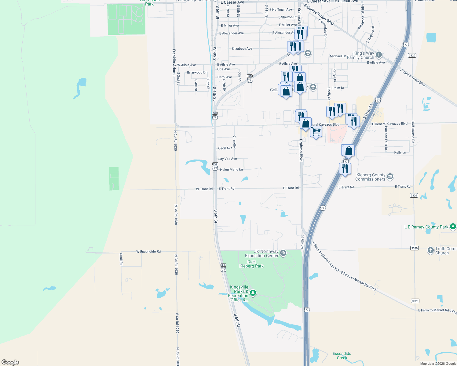 map of restaurants, bars, coffee shops, grocery stores, and more near 234 East Trant Road in Kingsville