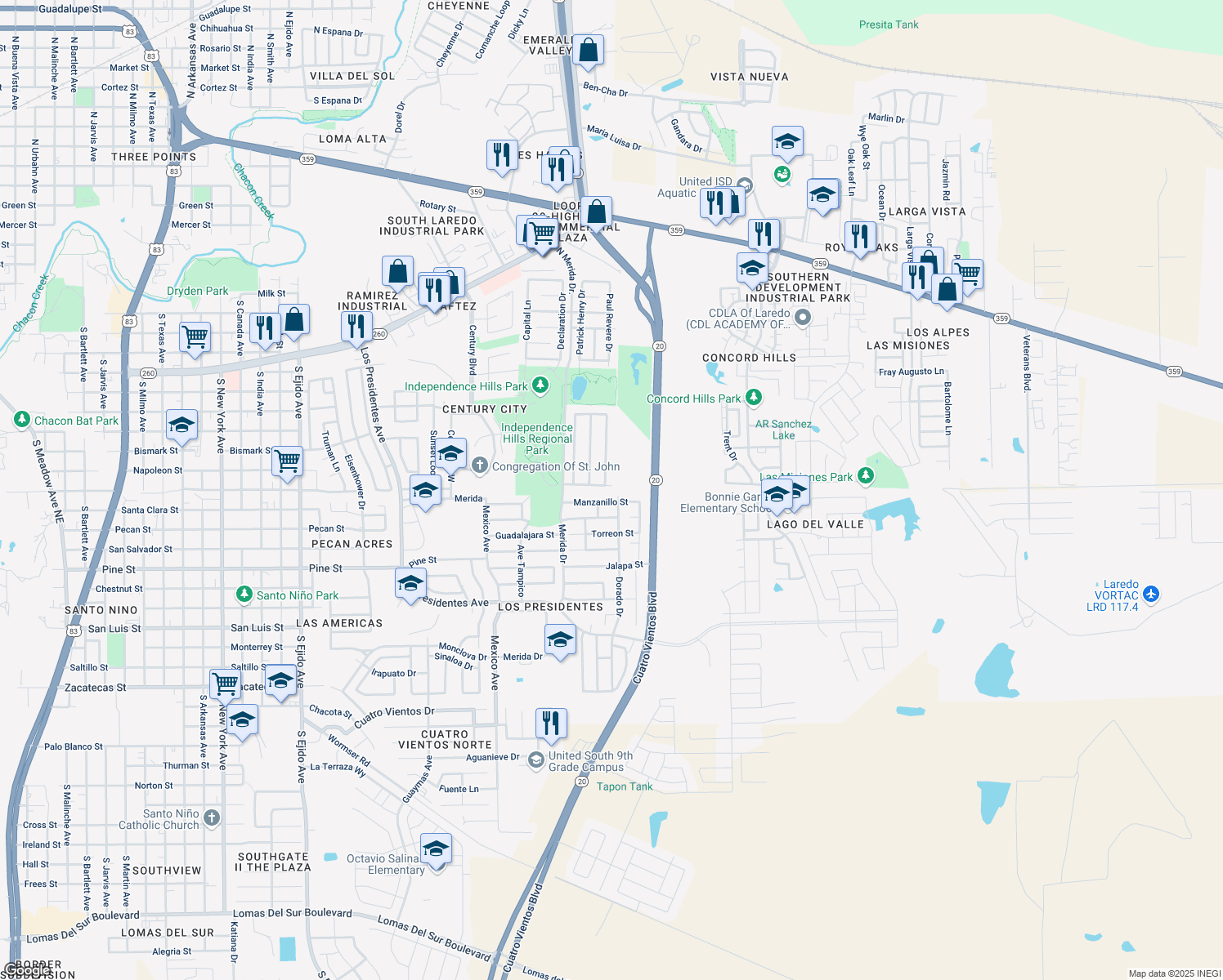 map of restaurants, bars, coffee shops, grocery stores, and more near 4429 Lyman Hall Drive in Laredo