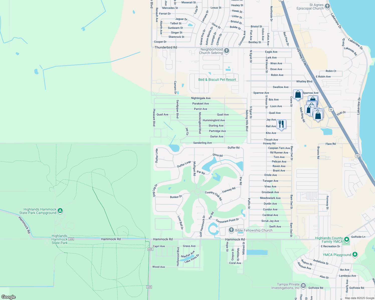 map of restaurants, bars, coffee shops, grocery stores, and more near 4125 Duffer Loop in Sebring