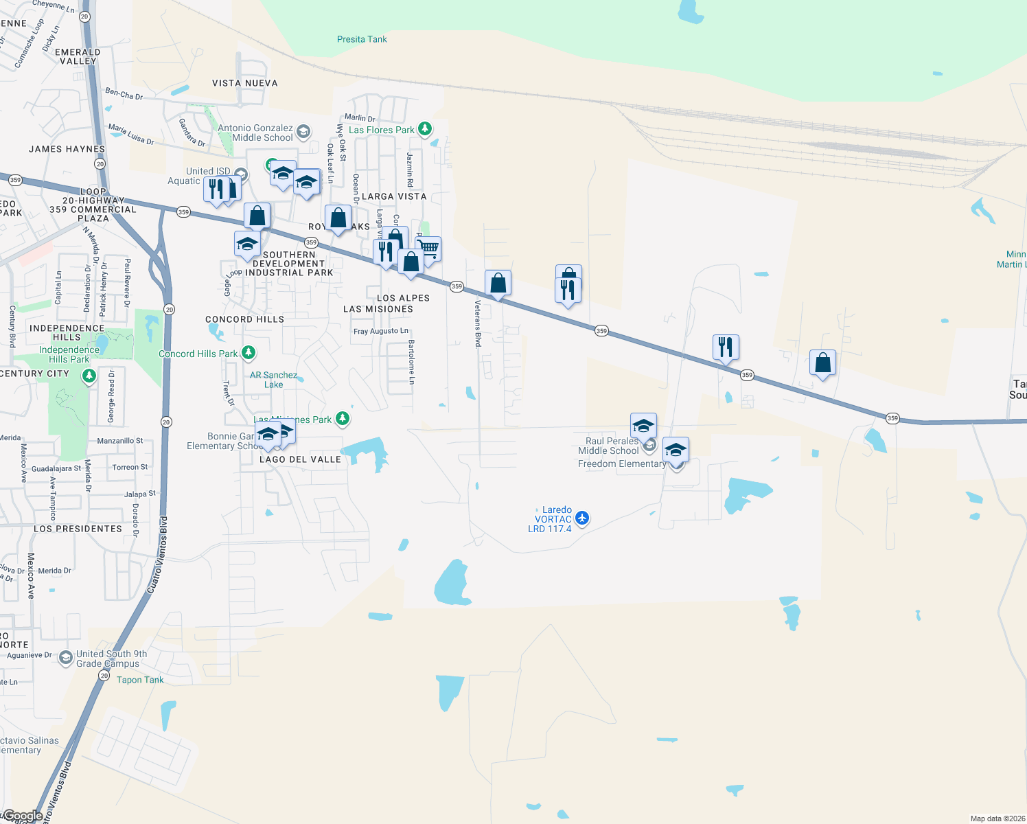 map of restaurants, bars, coffee shops, grocery stores, and more near F 2/12 Old Milwaukee in Laredo