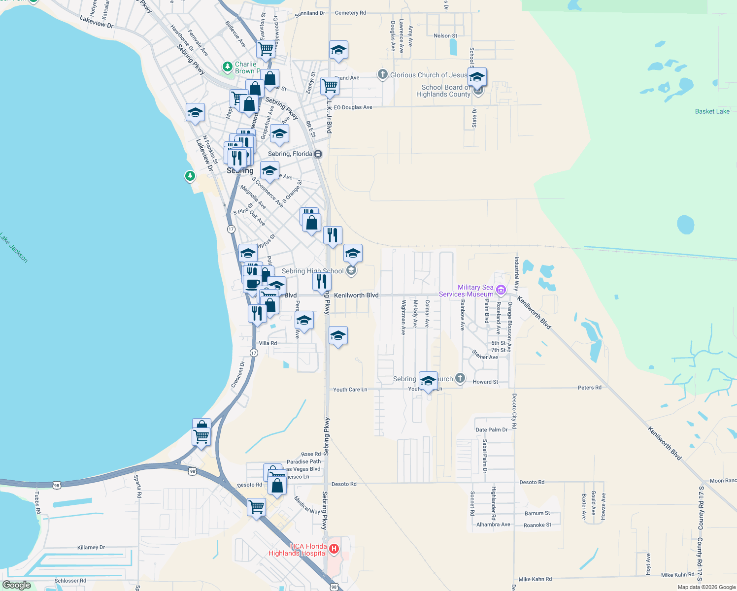 map of restaurants, bars, coffee shops, grocery stores, and more near 3648 Kenilworth Blvd in Sebring