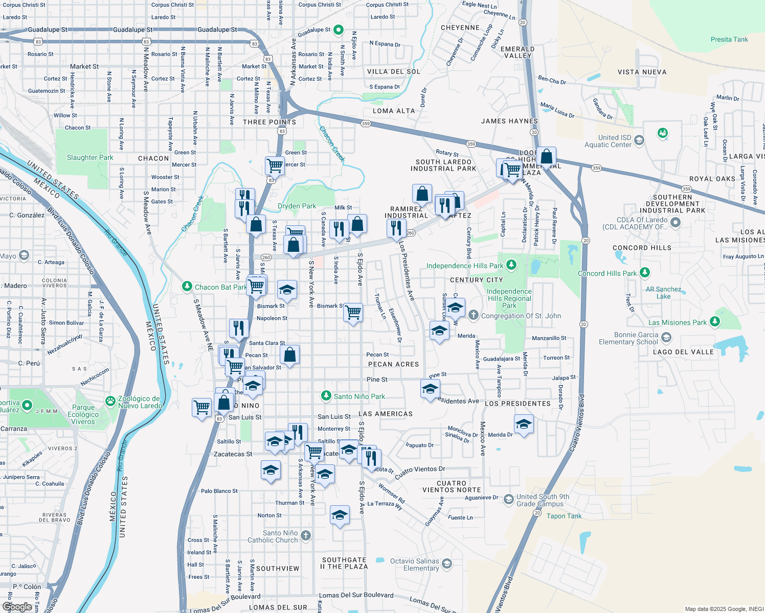 map of restaurants, bars, coffee shops, grocery stores, and more near 1303 Truman Ln in Laredo
