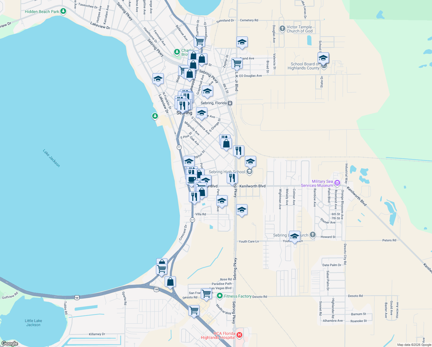 map of restaurants, bars, coffee shops, grocery stores, and more near 739 Persimmon Avenue in Sebring