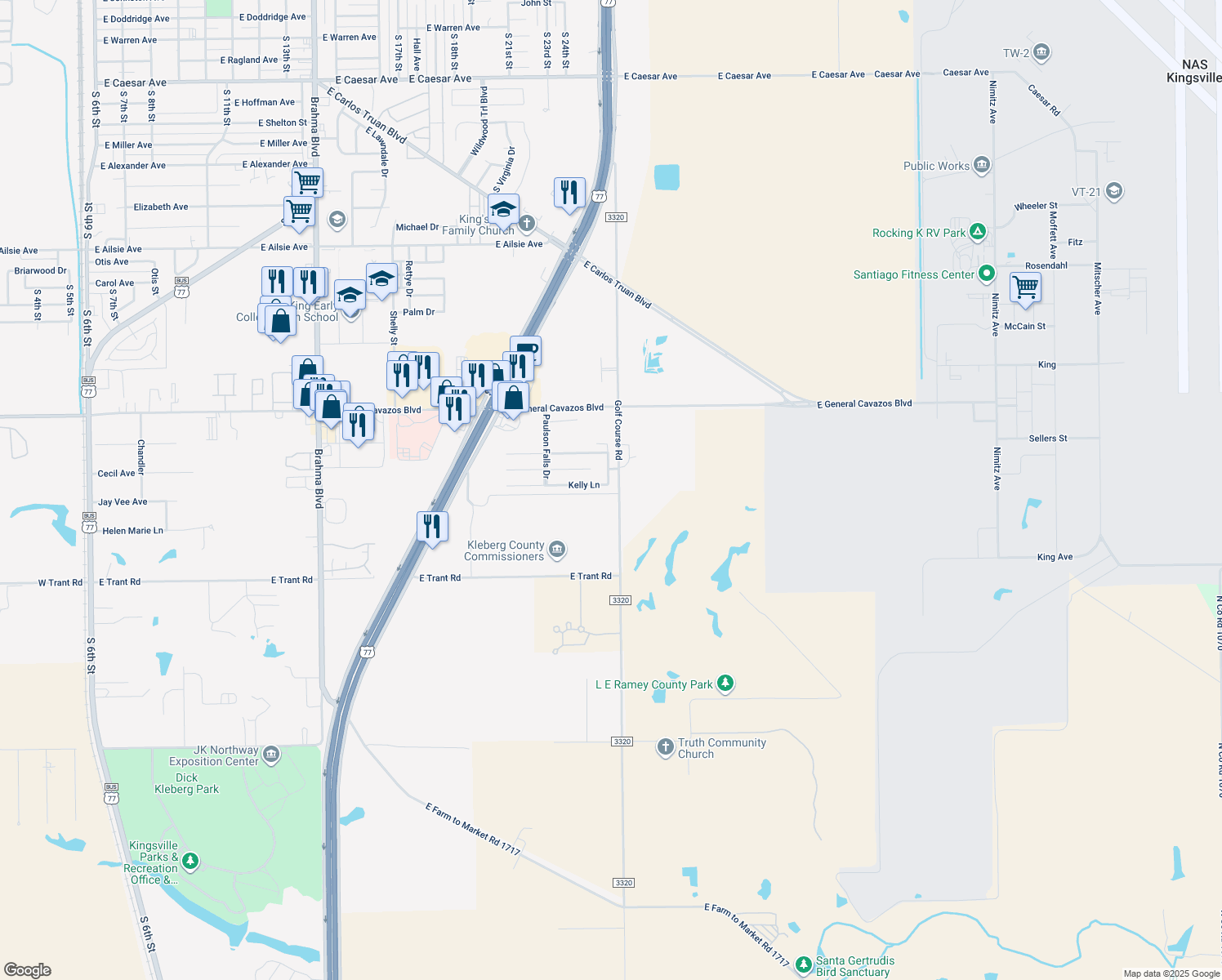 map of restaurants, bars, coffee shops, grocery stores, and more near 2209 Kelly Lane in Kingsville