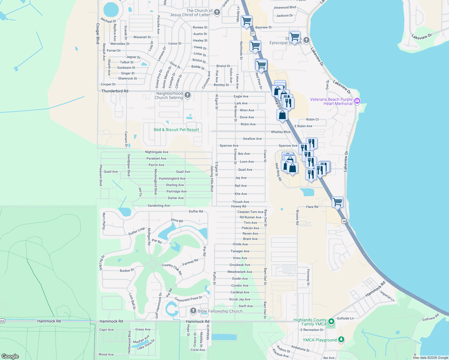 map of restaurants, bars, coffee shops, grocery stores, and more near 314 Jay Avenue in Sebring