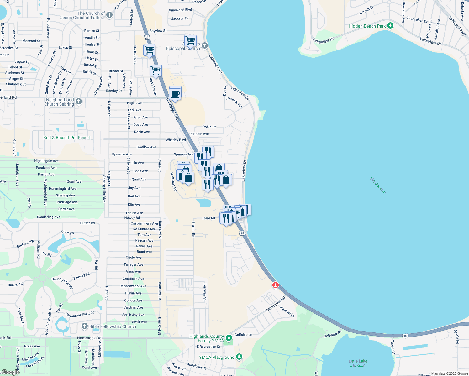 map of restaurants, bars, coffee shops, grocery stores, and more near 1448 Clearview Court in Sebring