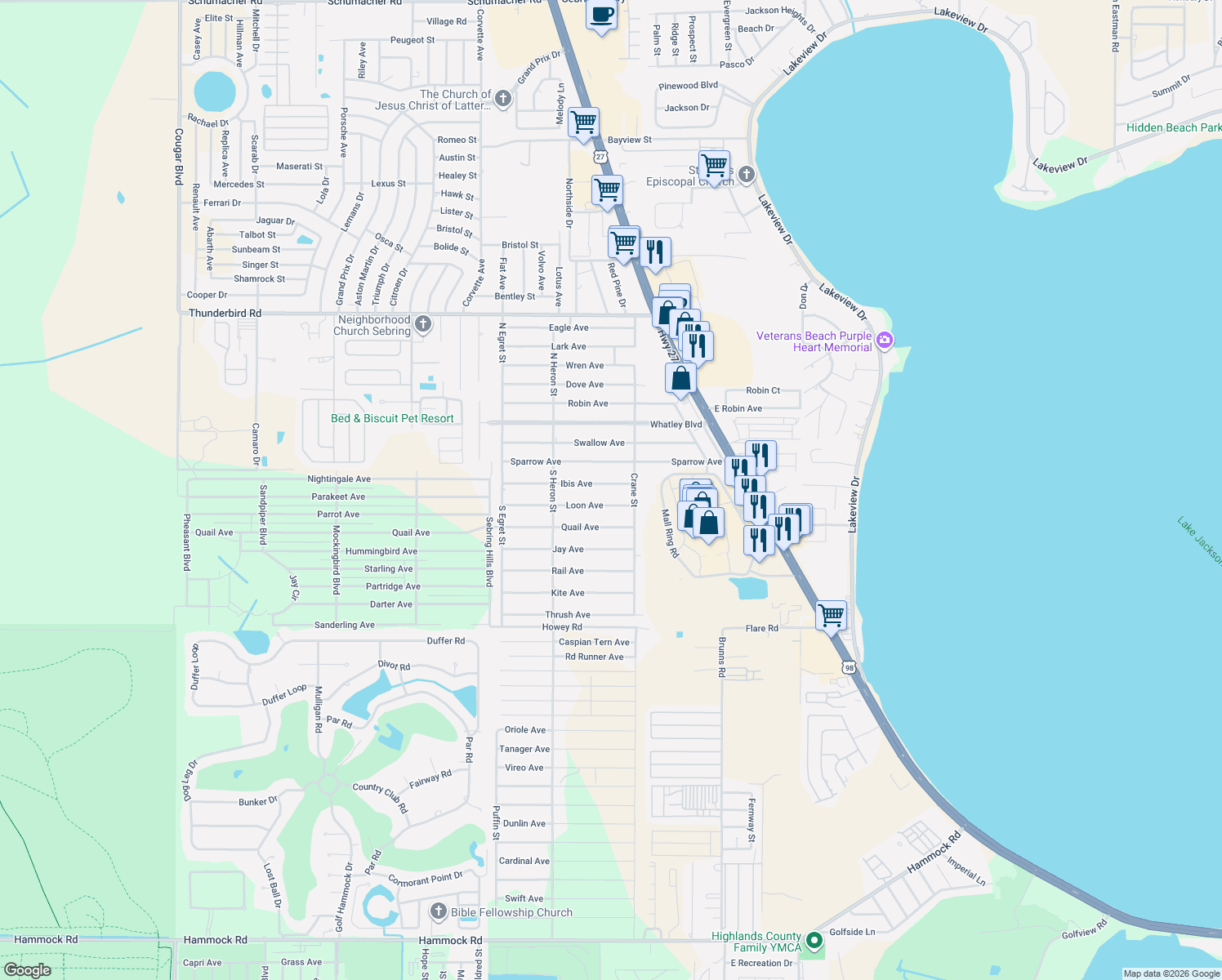map of restaurants, bars, coffee shops, grocery stores, and more near 212 Ibis Avenue in Sebring