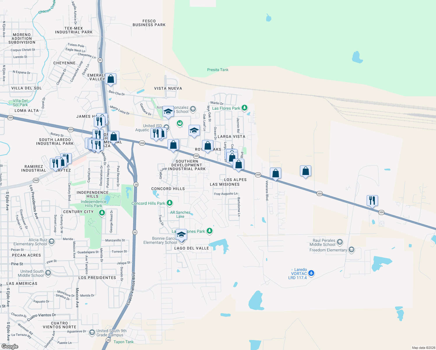 map of restaurants, bars, coffee shops, grocery stores, and more near 6018 Catedral Loop in Laredo