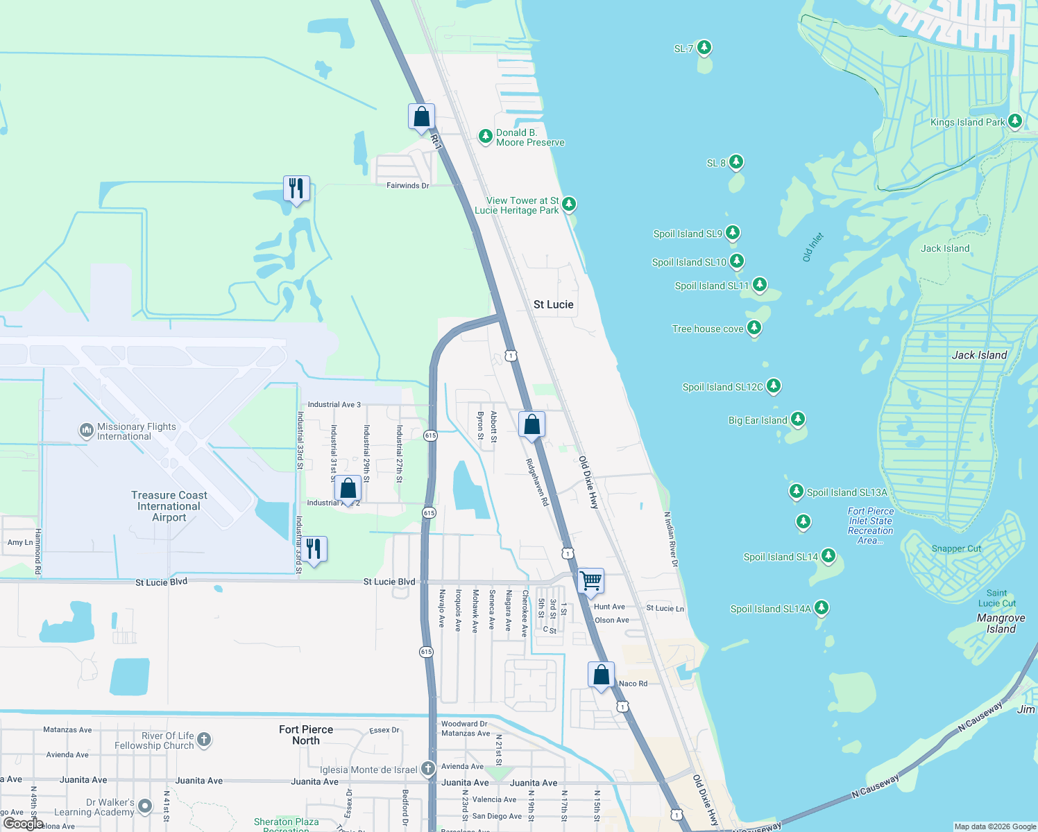 map of restaurants, bars, coffee shops, grocery stores, and more near 3422 Ridgehaven Road in Fort Pierce