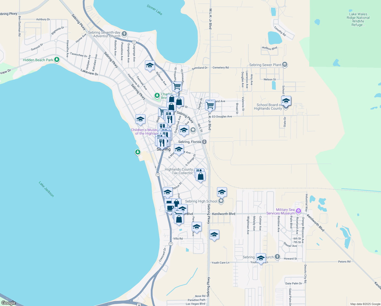 map of restaurants, bars, coffee shops, grocery stores, and more near Rose Avenue in Sebring