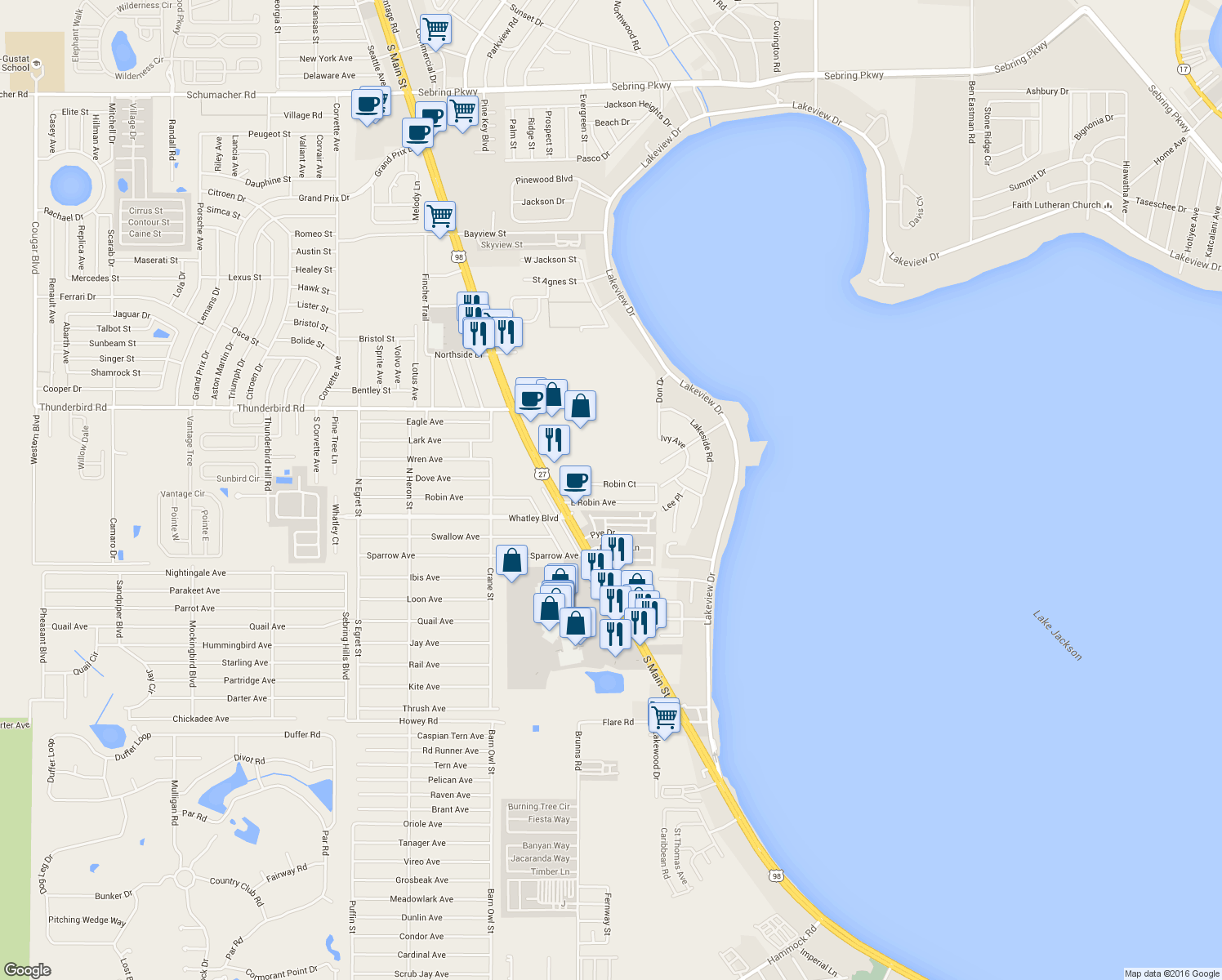 map of restaurants, bars, coffee shops, grocery stores, and more near 1927 Robin Court in Sebring