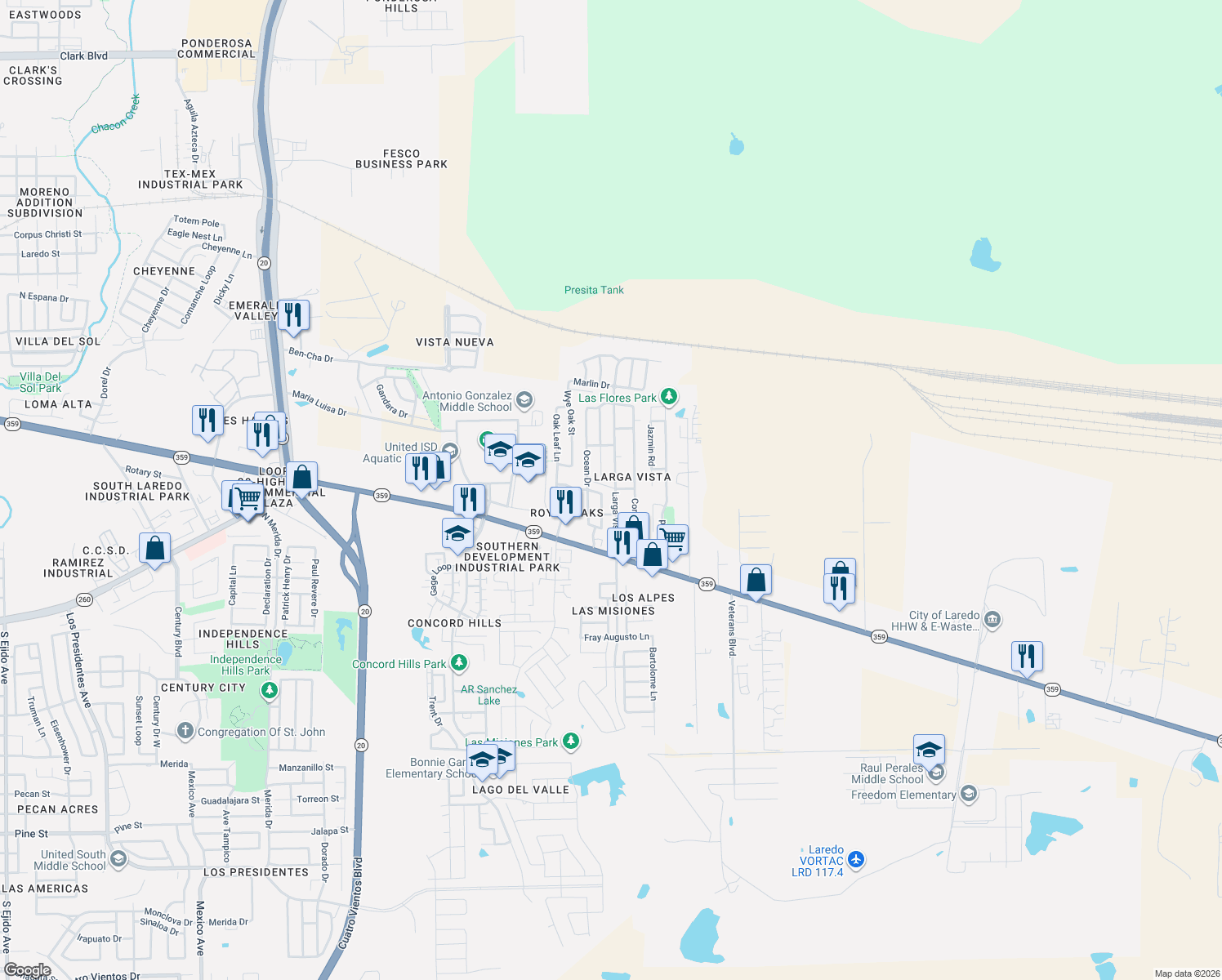 map of restaurants, bars, coffee shops, grocery stores, and more near 144 Larga Vista Drive in Laredo