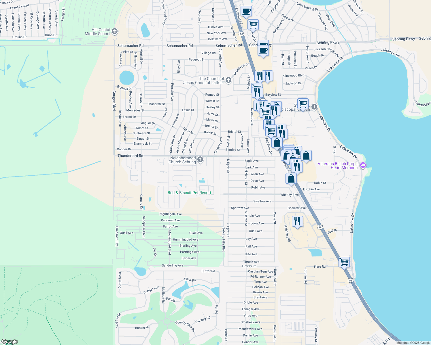 map of restaurants, bars, coffee shops, grocery stores, and more near 310 South Corvette Avenue in Sebring