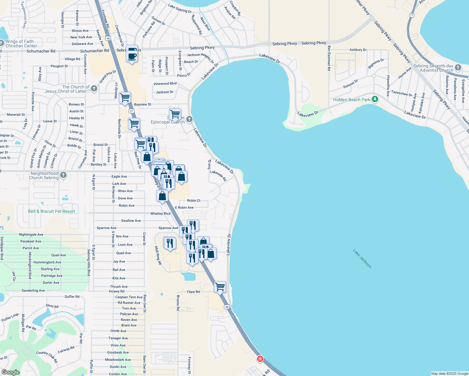 map of restaurants, bars, coffee shops, grocery stores, and more near 4260 Lakeview Drive in Sebring