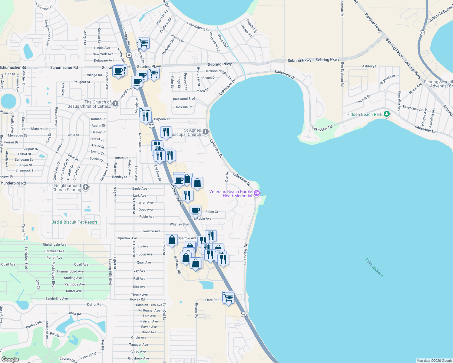 map of restaurants, bars, coffee shops, grocery stores, and more near 220 Don Dr in Sebring