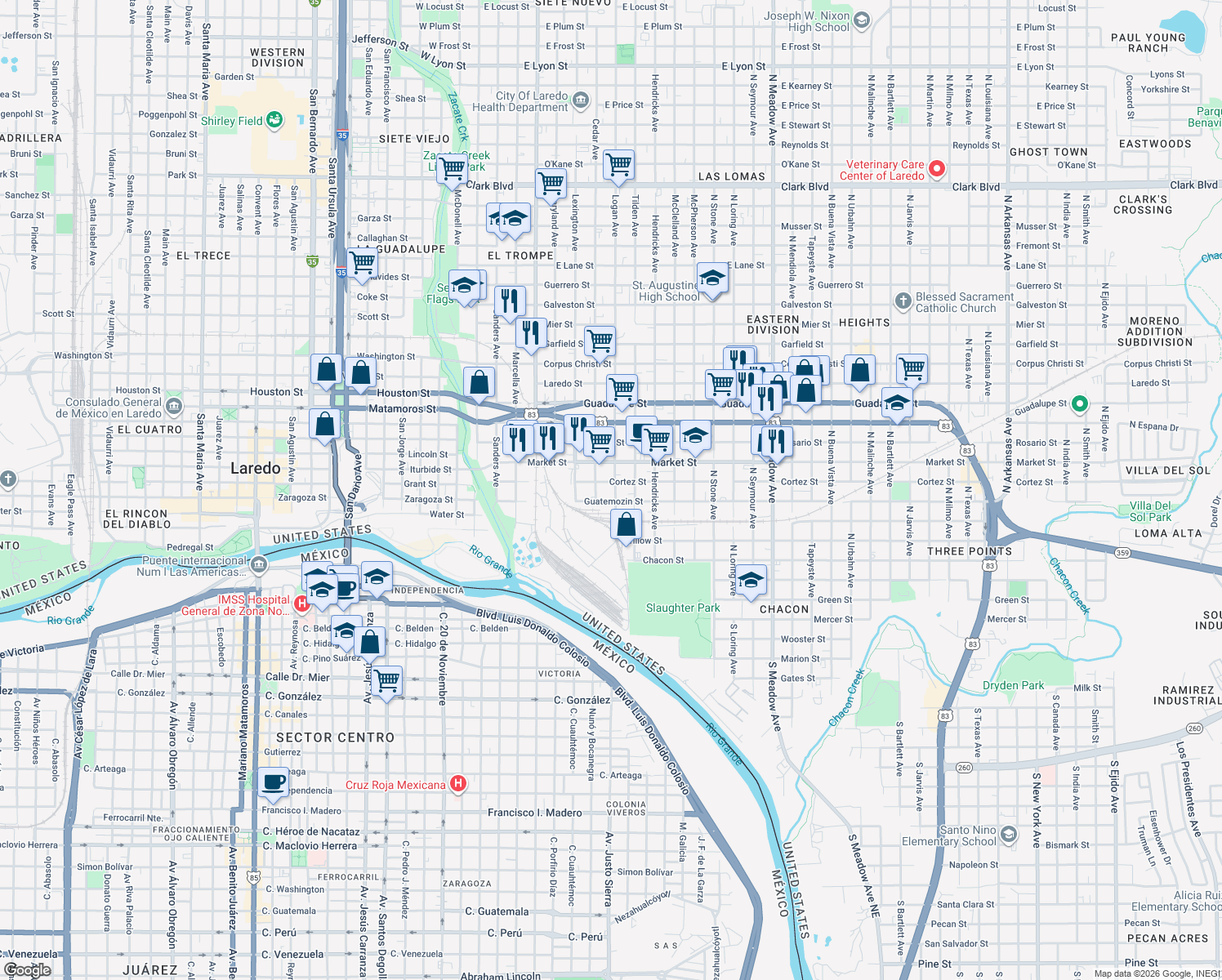 map of restaurants, bars, coffee shops, grocery stores, and more near 712 Logan Ave in Laredo
