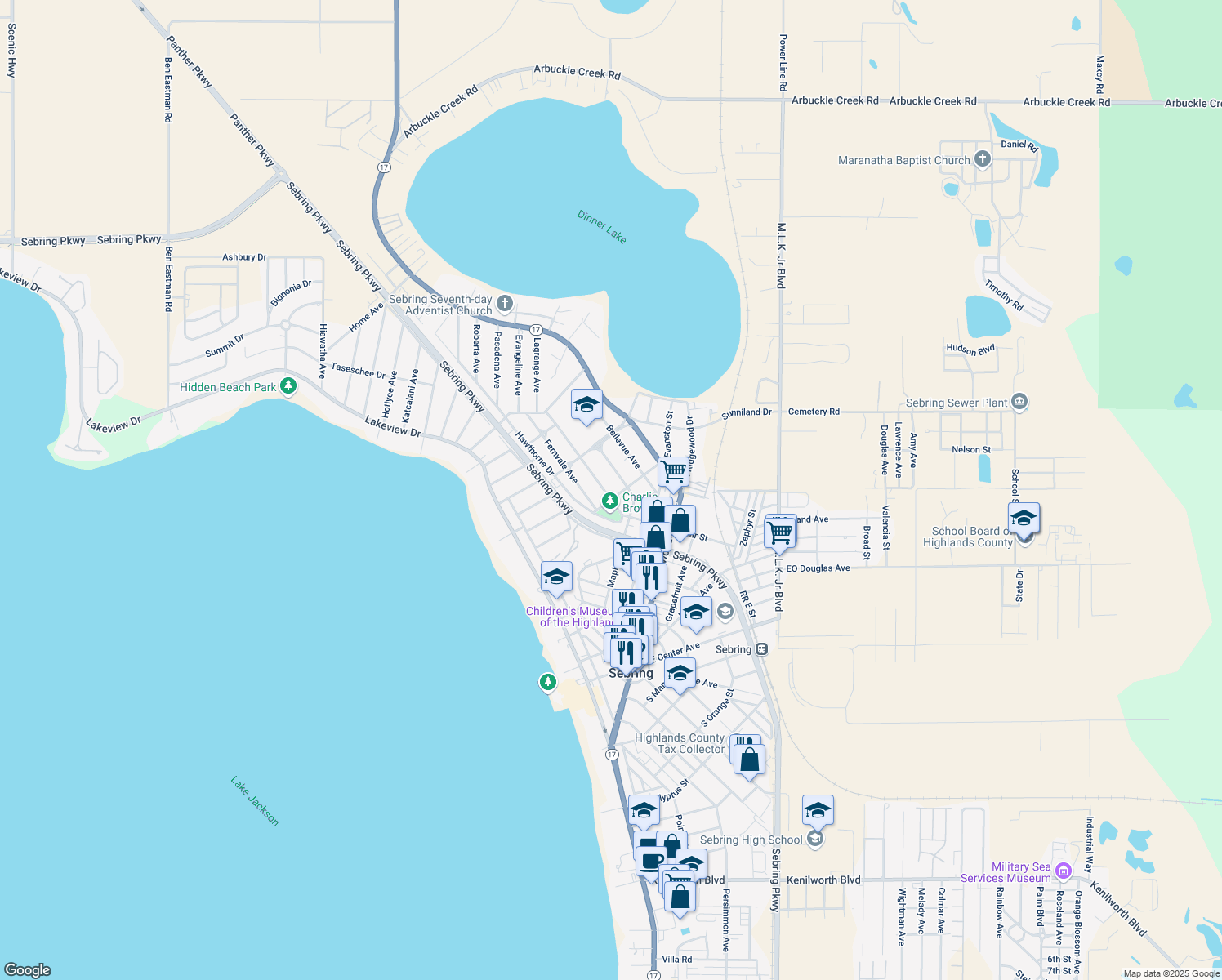 map of restaurants, bars, coffee shops, grocery stores, and more near 1018 Glenwood Avenue in Sebring