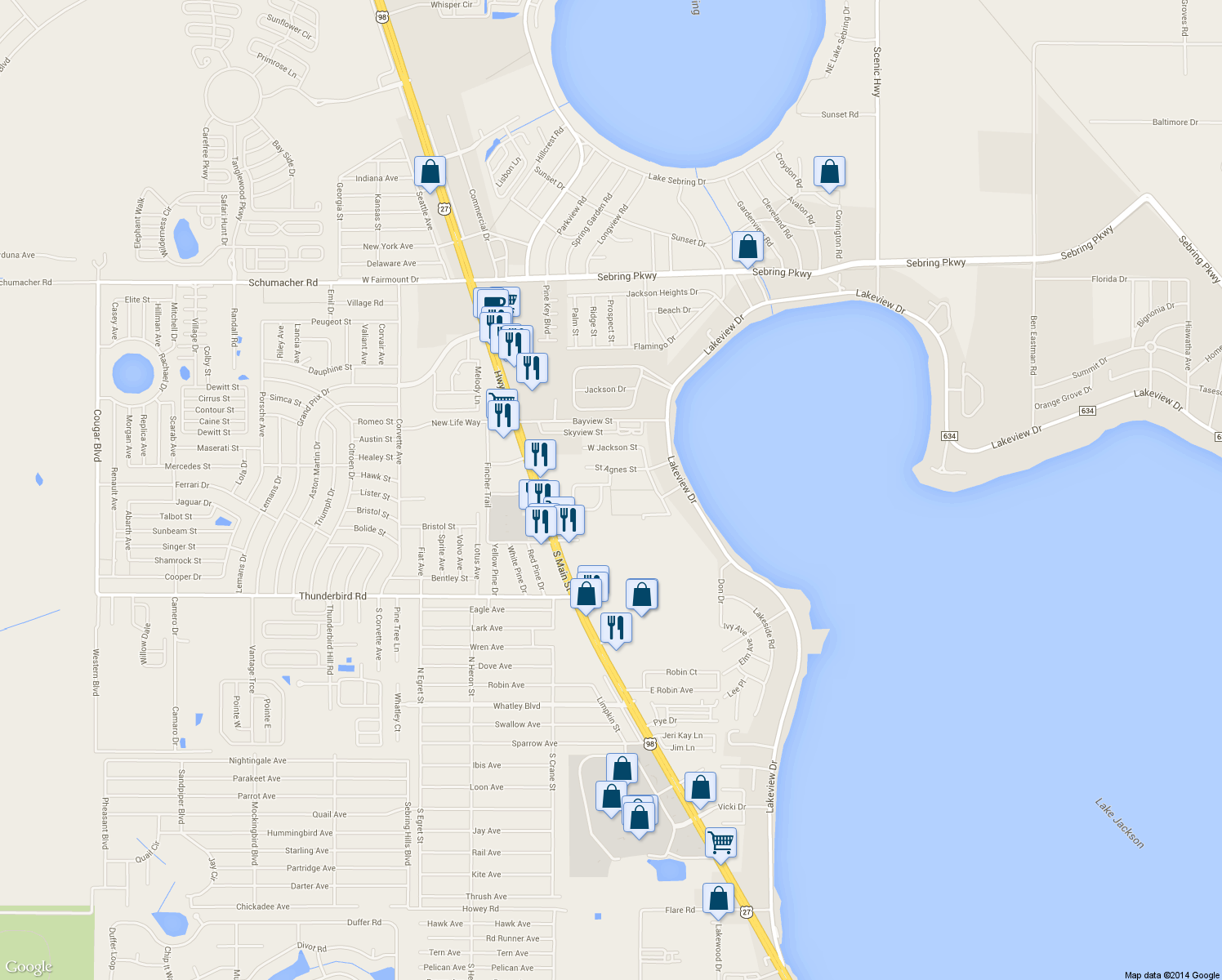 map of restaurants, bars, coffee shops, grocery stores, and more near Gose Blvd in Sebring