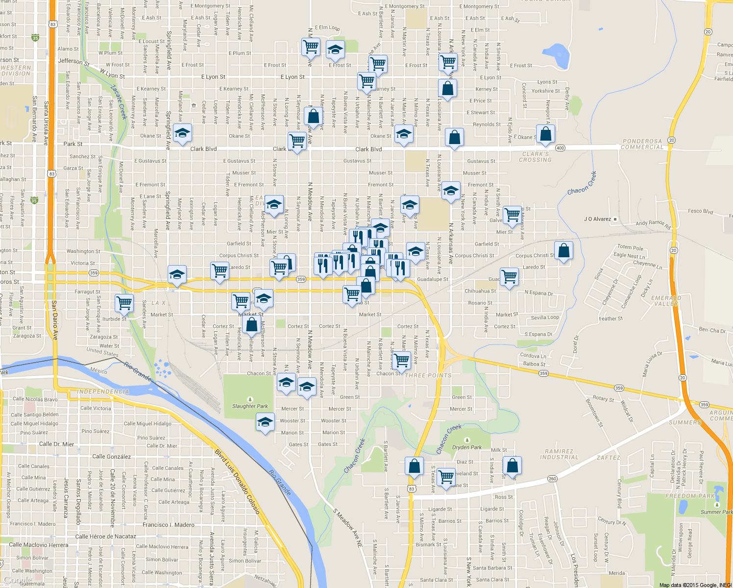 map of restaurants, bars, coffee shops, grocery stores, and more near 2019 Chihuahua in Laredo