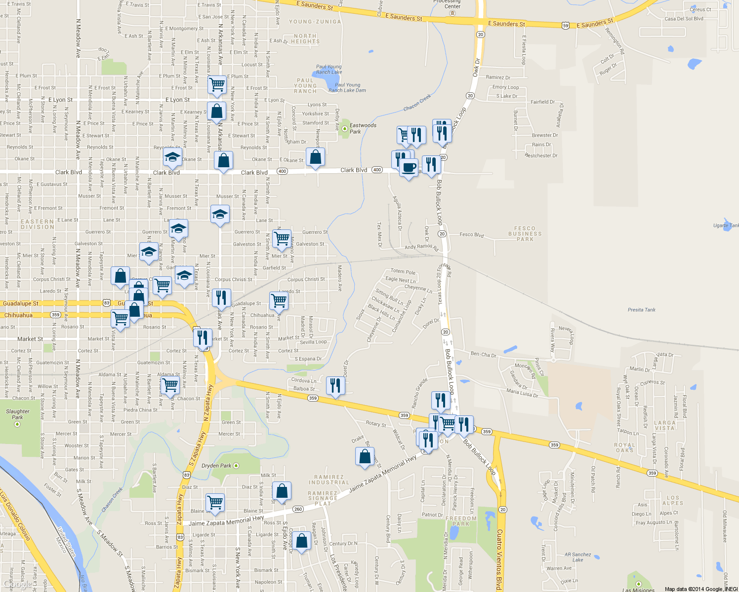 map of restaurants, bars, coffee shops, grocery stores, and more near Sioux Dr in Laredo