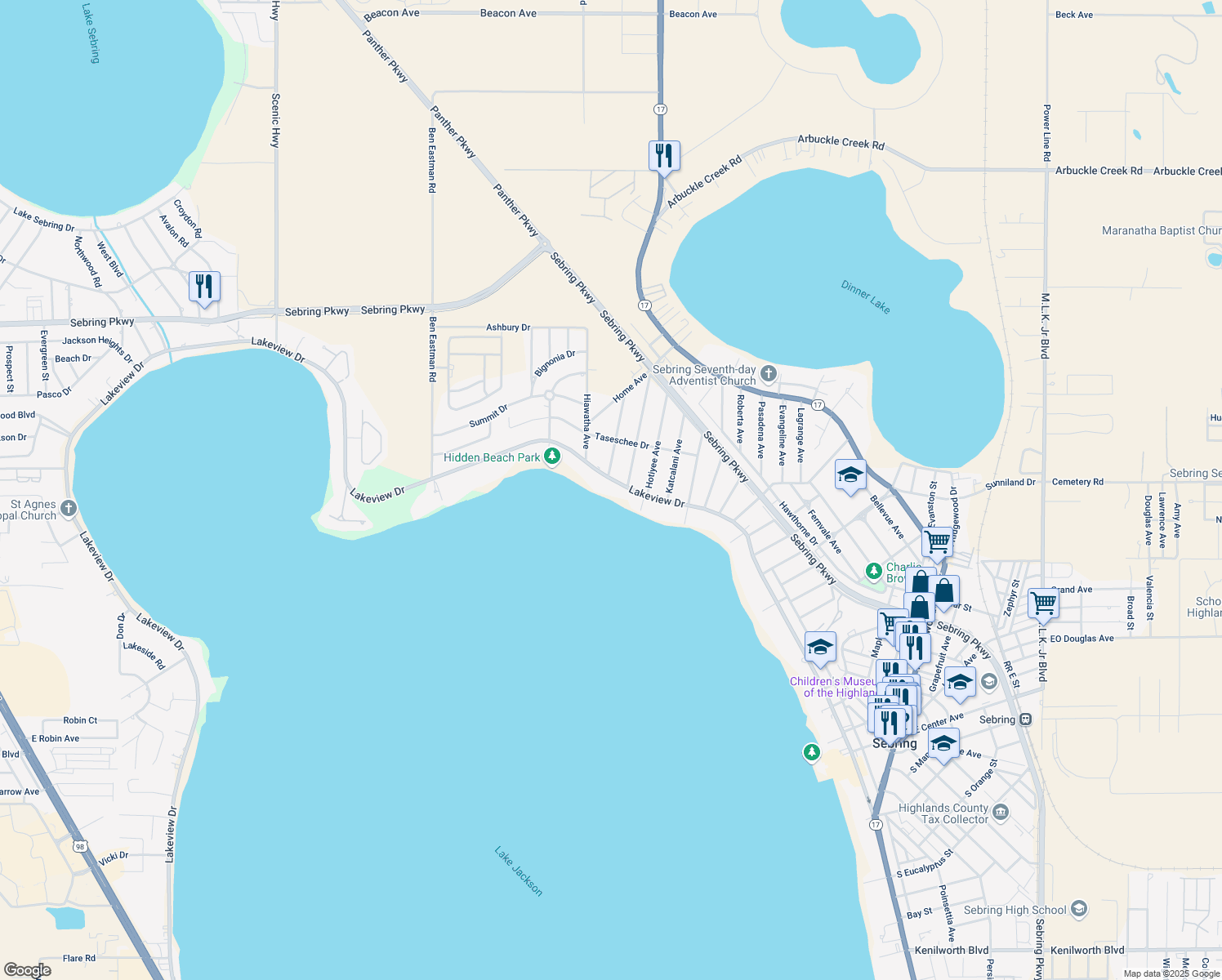 map of restaurants, bars, coffee shops, grocery stores, and more near 2691 Lakeview Drive in Sebring