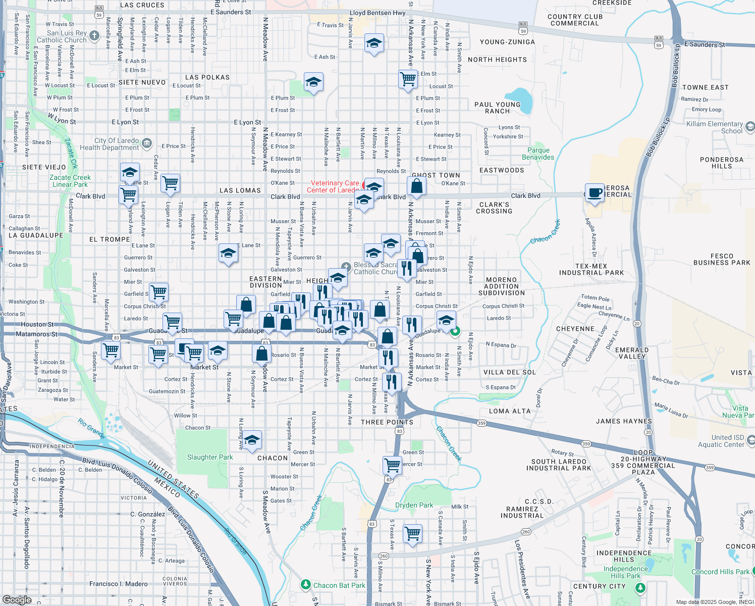 map of restaurants, bars, coffee shops, grocery stores, and more near 2502 Corpus Christi Street in Laredo