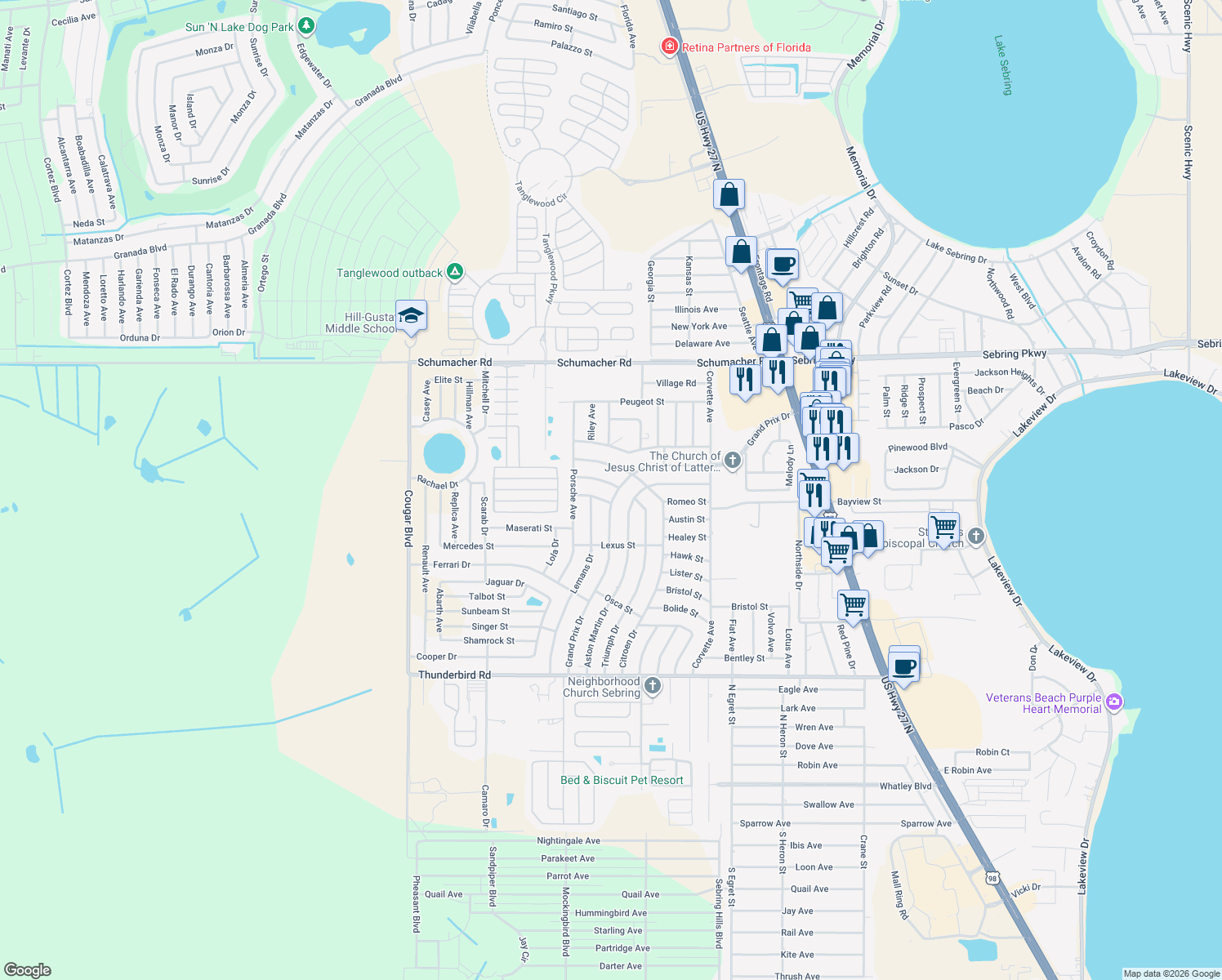 map of restaurants, bars, coffee shops, grocery stores, and more near 1109 Grand Prix Drive in Sebring