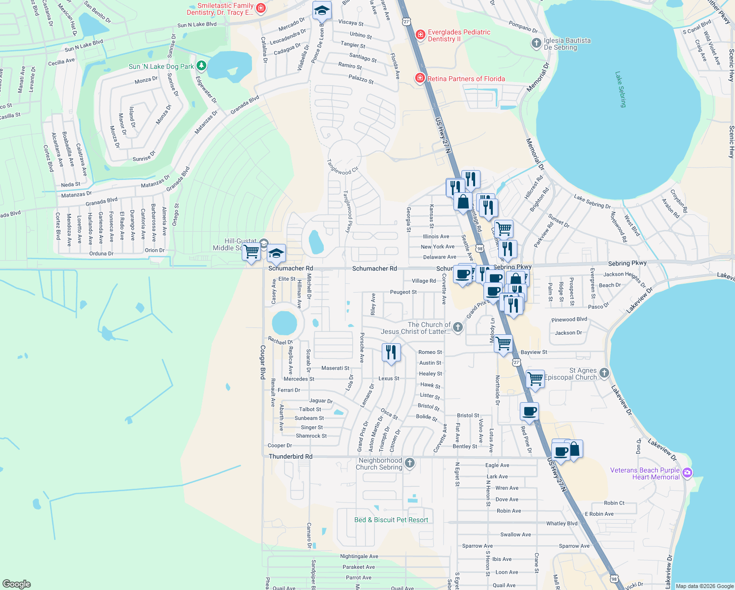 map of restaurants, bars, coffee shops, grocery stores, and more near 4019 Peugeot Street in Sebring