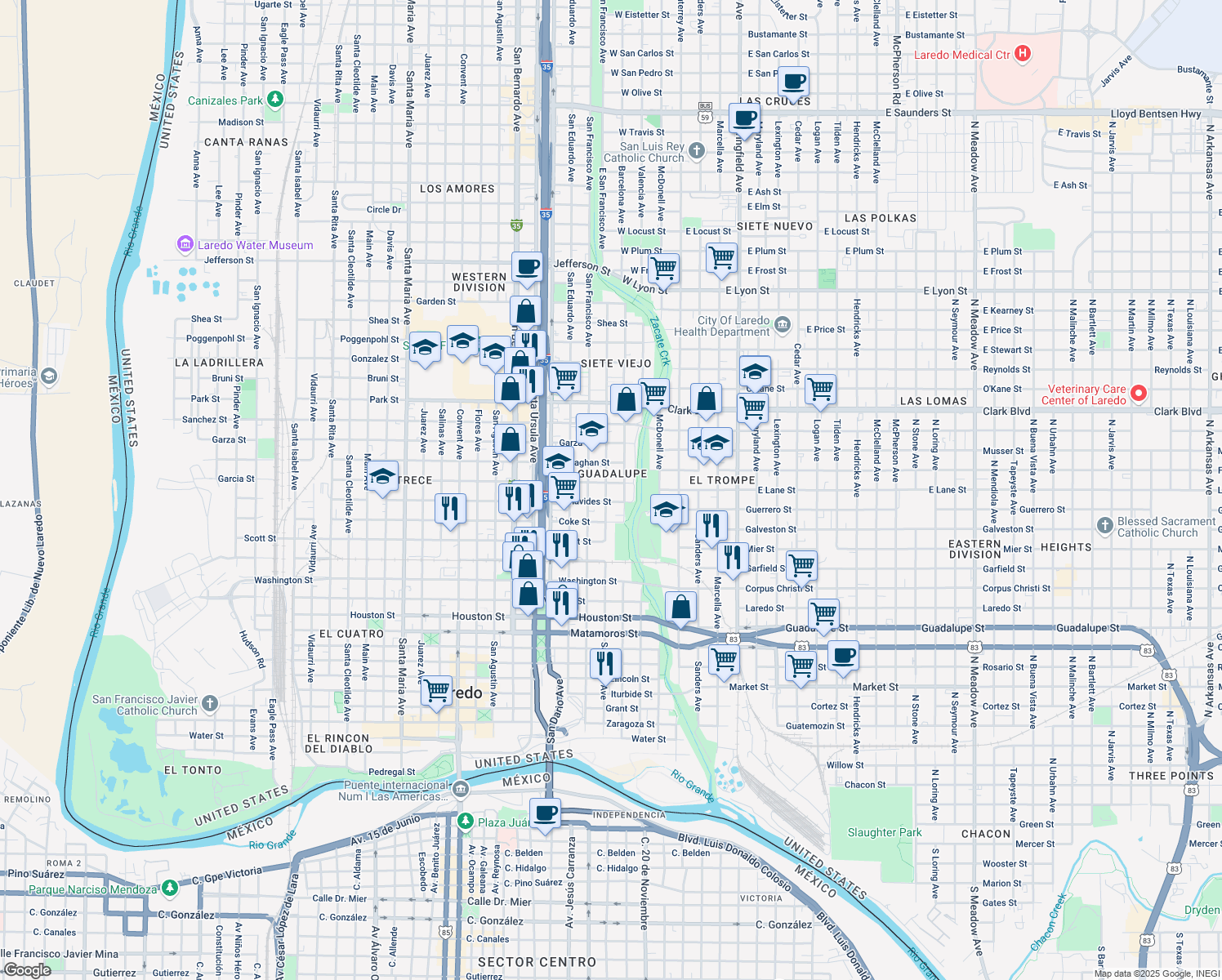 map of restaurants, bars, coffee shops, grocery stores, and more near 1513 San Jorge Avenue in Laredo