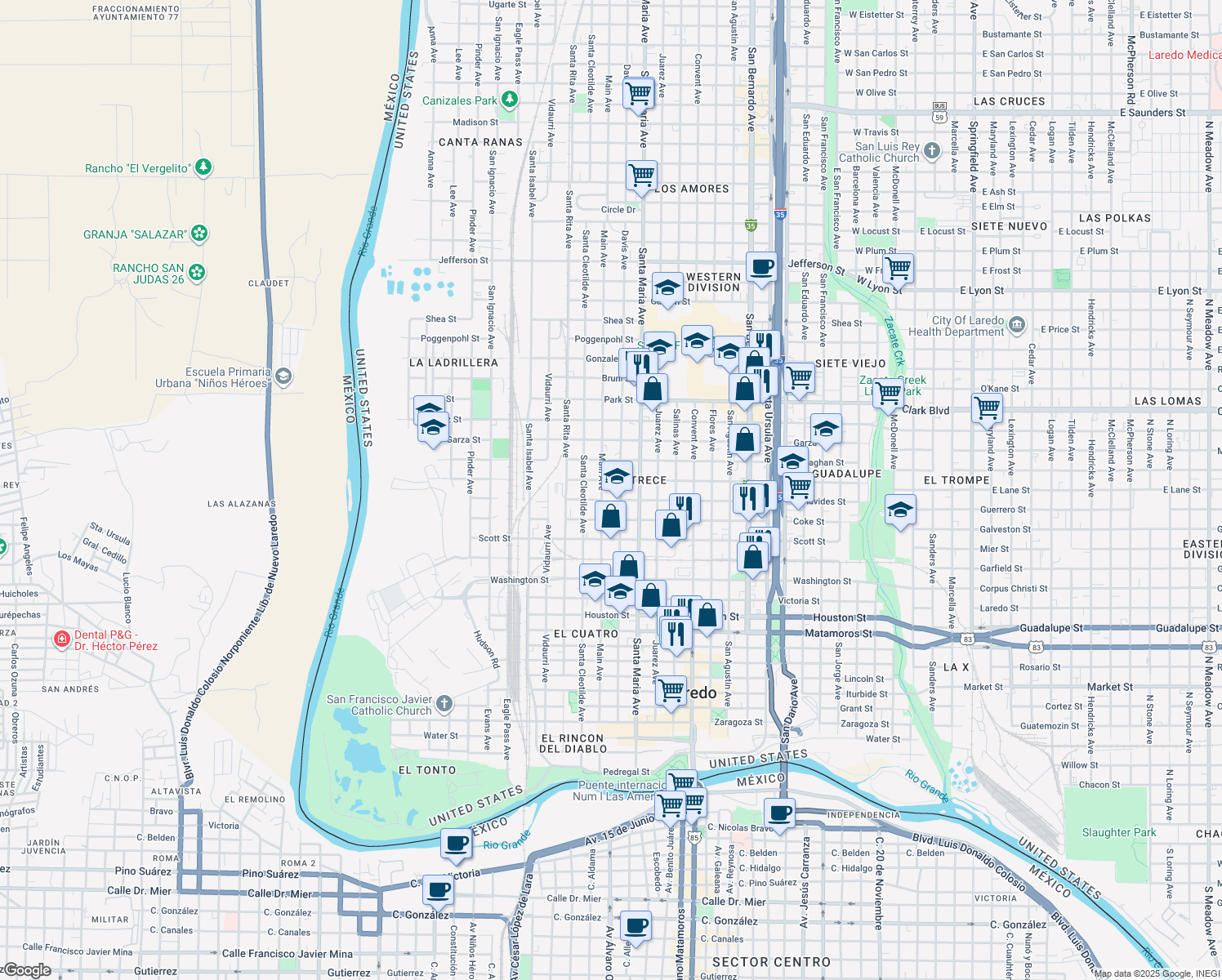 map of restaurants, bars, coffee shops, grocery stores, and more near 1500 Davis Avenue in Laredo