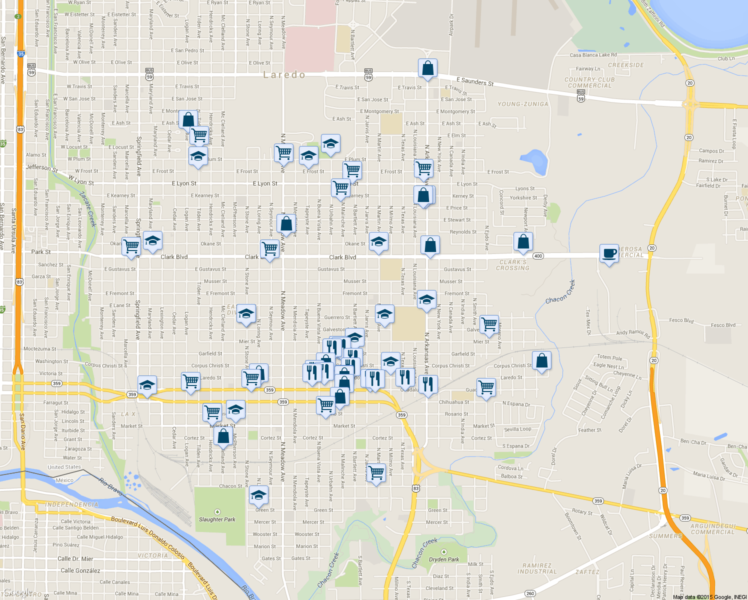 map of restaurants, bars, coffee shops, grocery stores, and more near 2320 Lane Street in Laredo