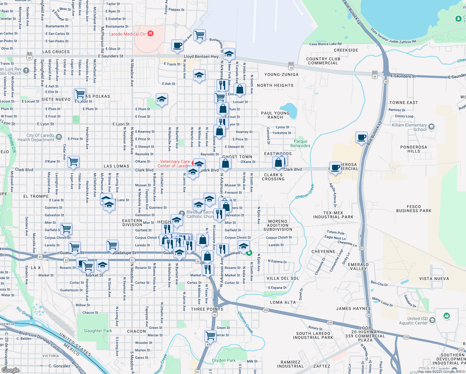 map of restaurants, bars, coffee shops, grocery stores, and more near 2911 Musser Street in Laredo