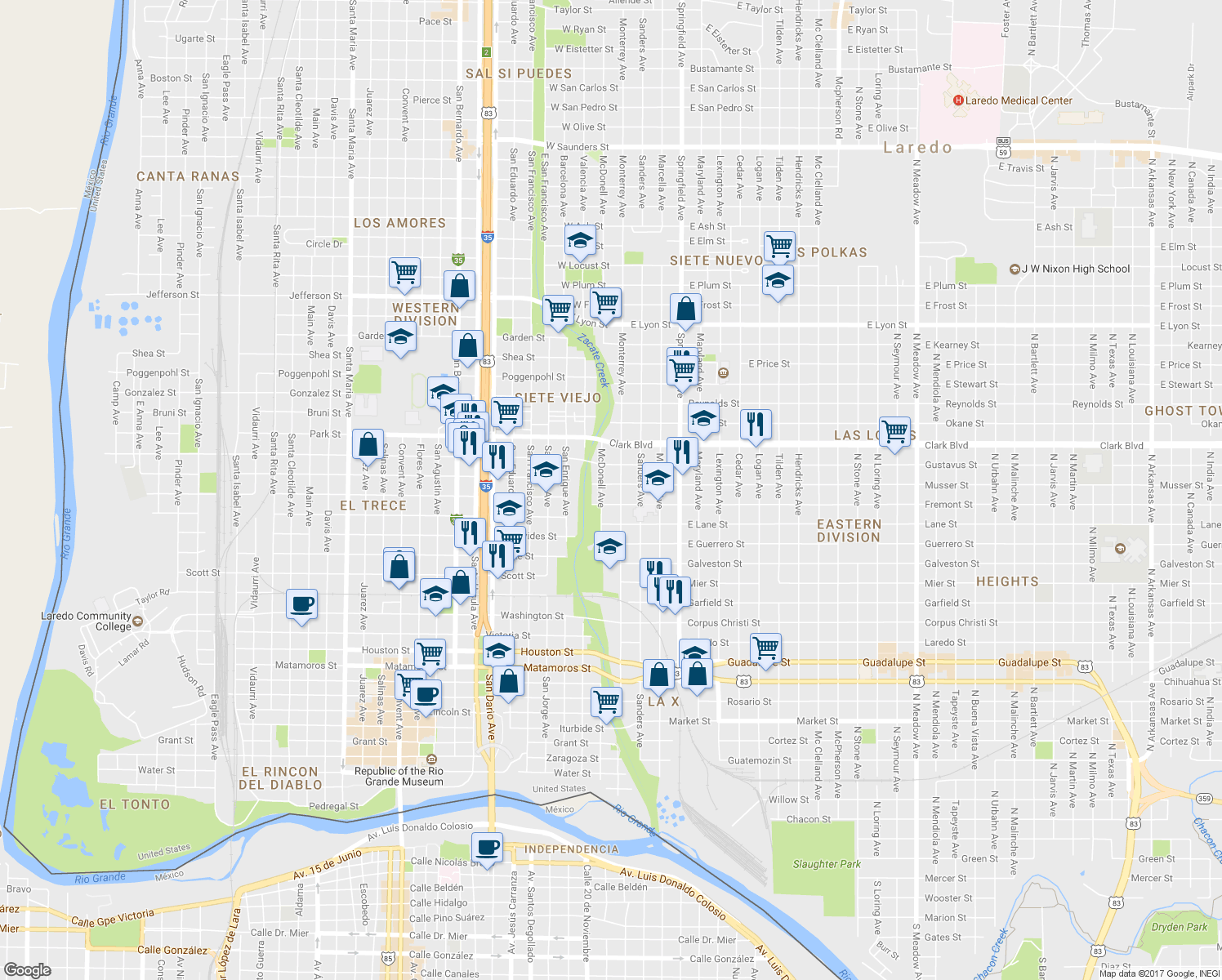 map of restaurants, bars, coffee shops, grocery stores, and more near 105 West Musser Street in Laredo