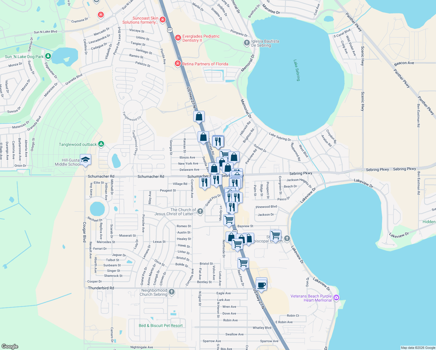 map of restaurants, bars, coffee shops, grocery stores, and more near 3700 US Highway 27 North in Sebring