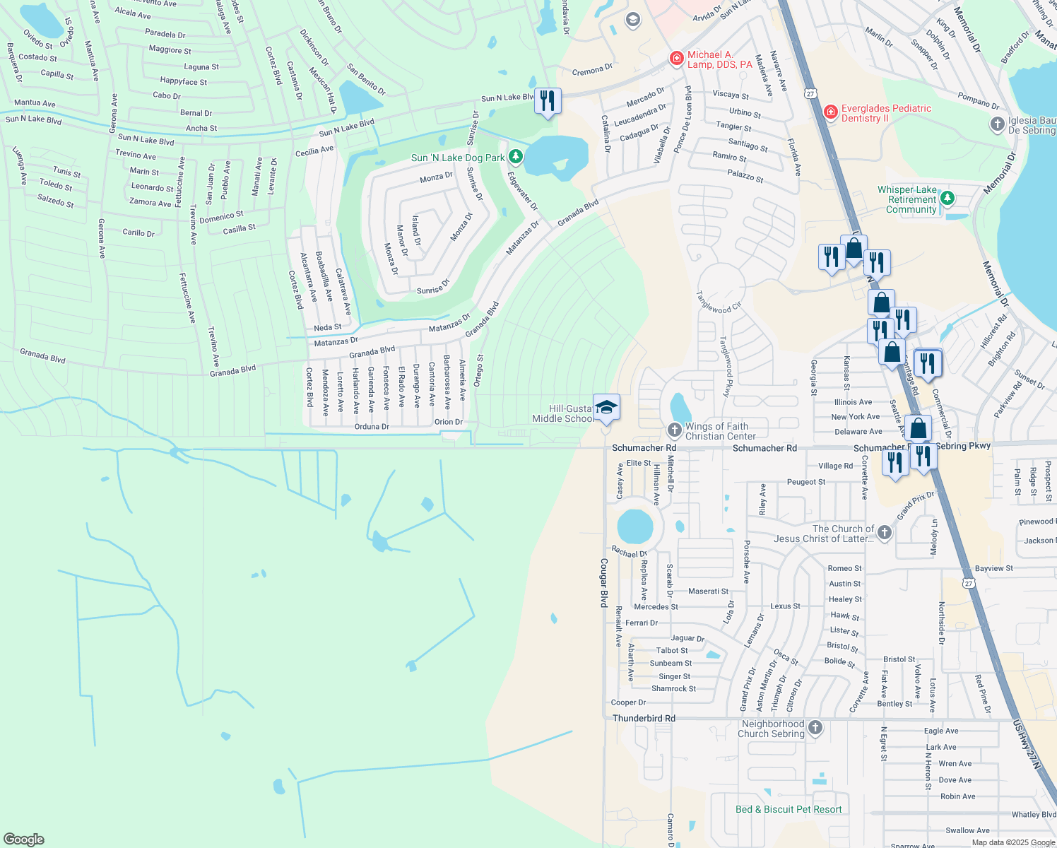 map of restaurants, bars, coffee shops, grocery stores, and more near Orduna Avenue in Sebring